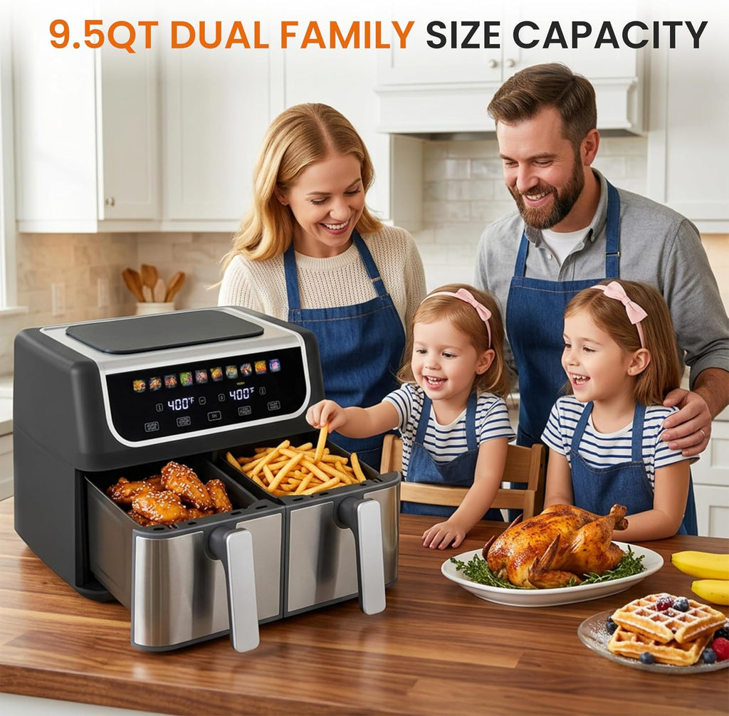 HealSmart 9.5Qt Dual Zone Air Fryer, 1700W 10-in-1 Multifunctional Air Fryer Oven, Independent Temp Control, Sync Cooking & Shake Reminder, Non-Stick Basket Ideal for Family Use, Black