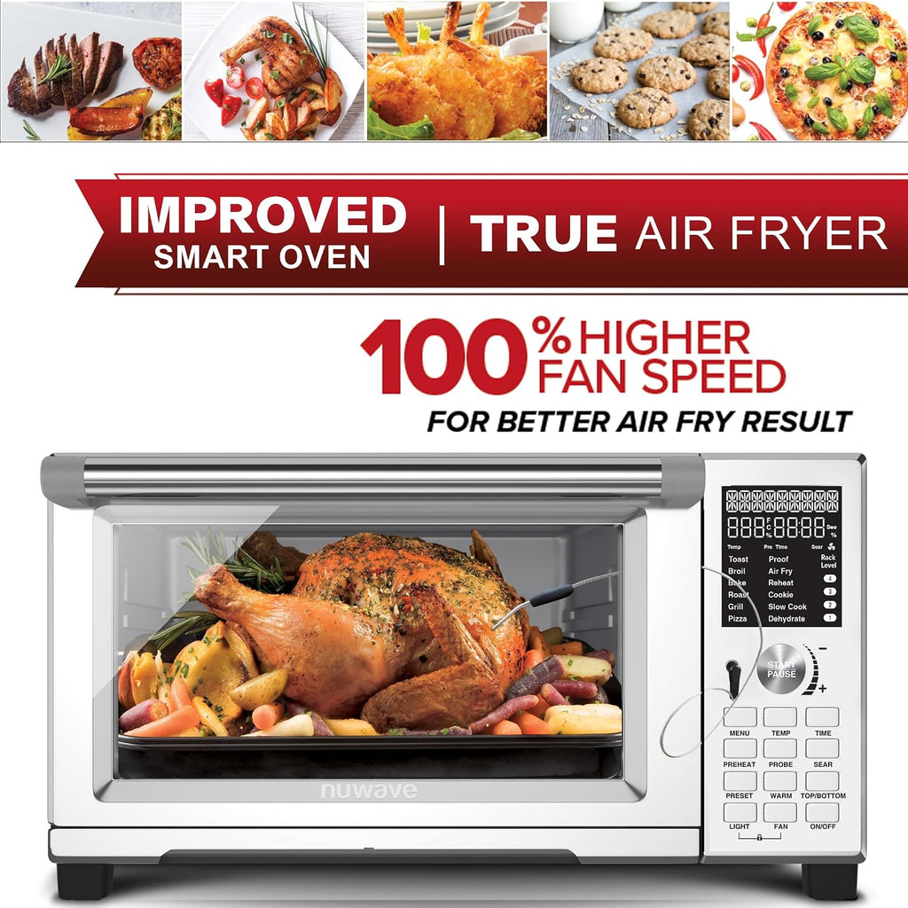 Nuwave Bravo Pro Countertop Convection Oven, 90% Less Oil, multi-Layer Cooking, Cool White Display, Integrated Probe, Improved 100% Convection, 30QT, PFAS Free (Bravo XL Pro)