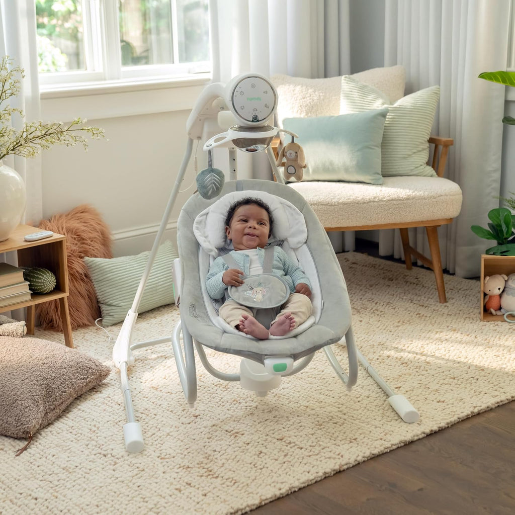 Ingenuity InLighten 2-in-1 Soothing Baby Swing & Rocker - Vibrating Swivel Infant Seat, Soothing Sounds, Lights - Remy