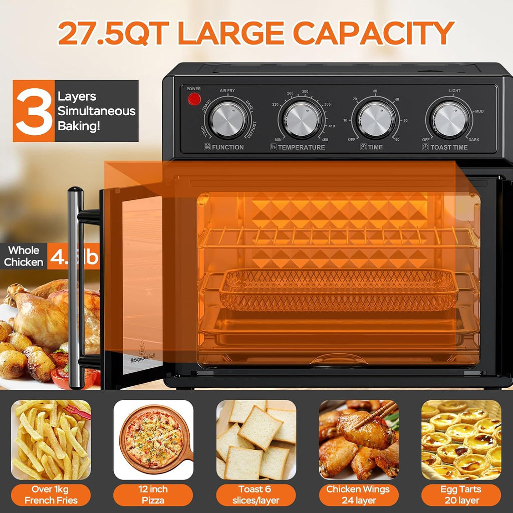 PlumChef 26L Large capacity French Double-Door Air Fryer Convection Toaster Oven,1700W, 7 Preset Menus, 7-in-1 Multi-Function for Bake, Roast, Grill, Toast, Dehydrate& Defrost,Stainless Steel,Black