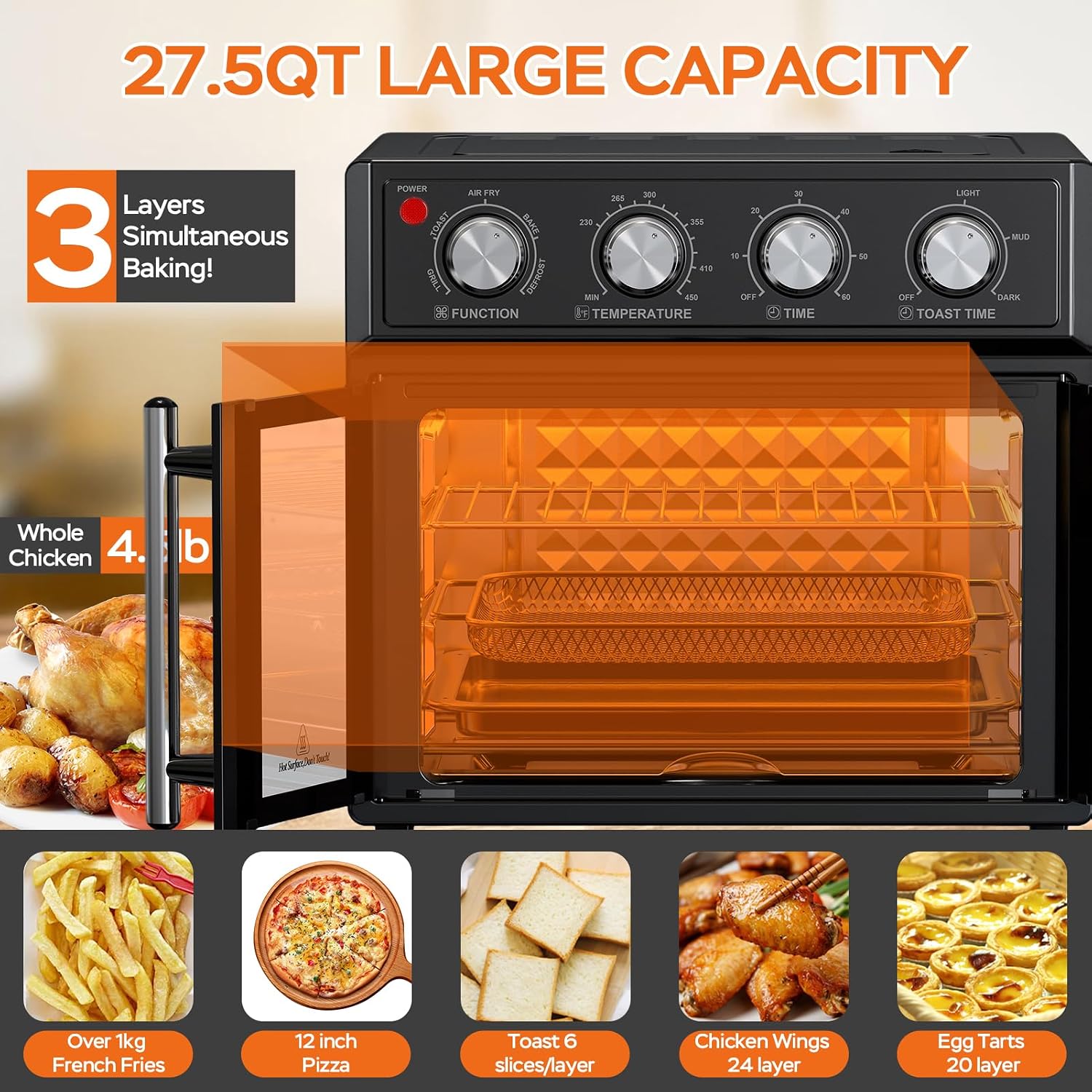 PlumChef 26L Large capacity French Double-Door Air Fryer Convection Toaster Oven,1700W, 7 Preset Menus, 7-in-1 Multi-Function for Bake, Roast, Grill, Toast, Dehydrate& Defrost,Stainless Steel,Black