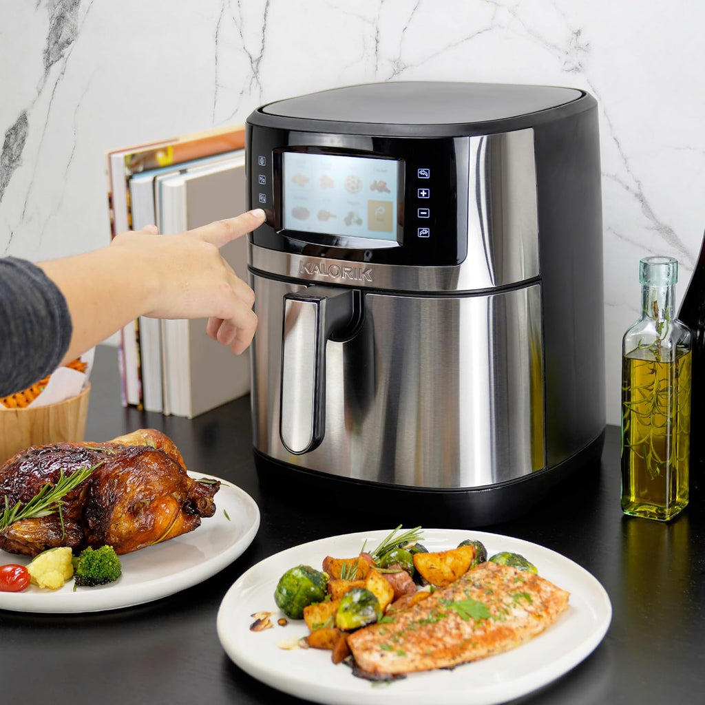 Kalorik Air Fryer VIVID Select Series, 7 Quart Capcity with Full Color Display and Touch Controls, 202 Presets in 12 Food Categories Includes Nonstick Basket & Trivet, 1500-Watts, Stainless Steel