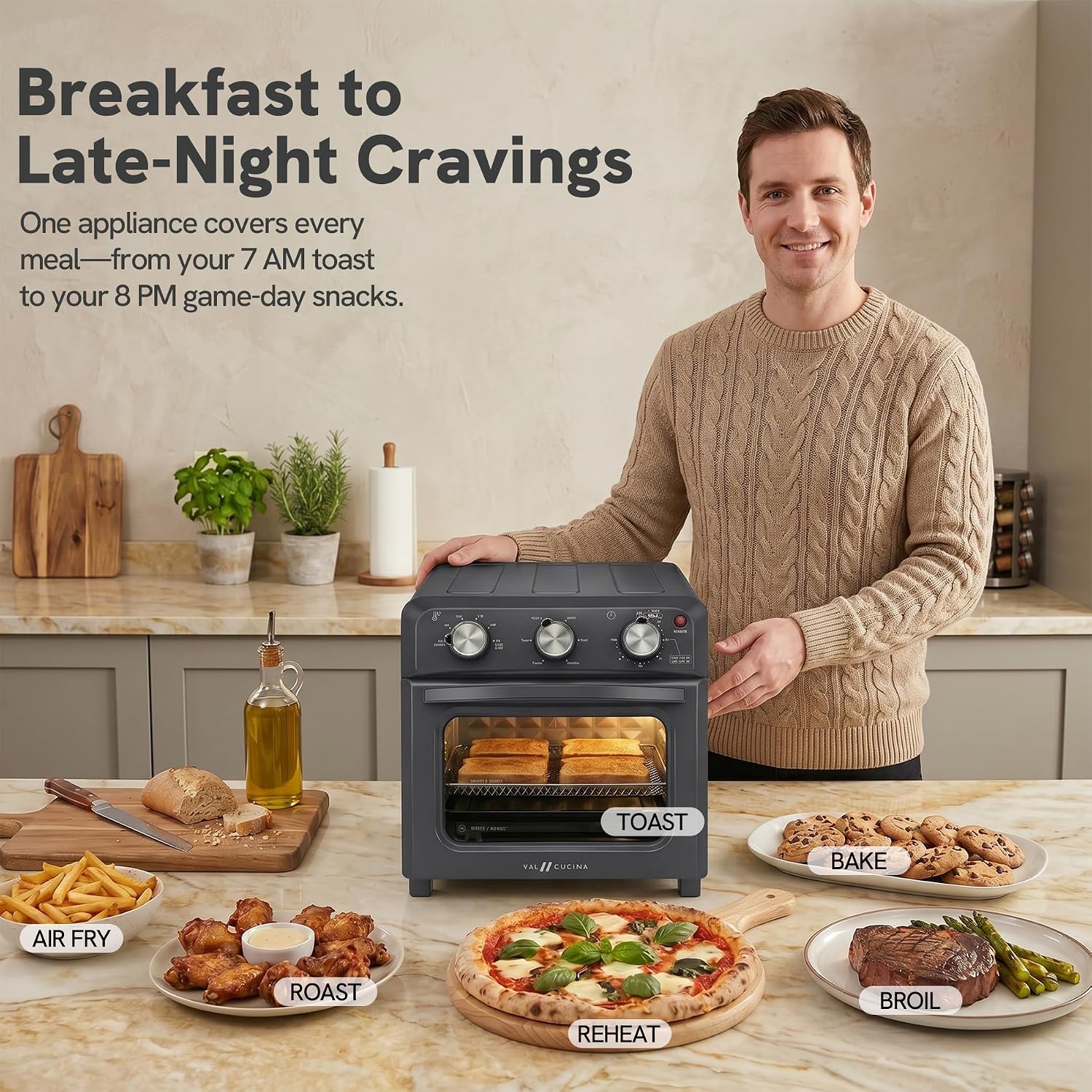 VAL CUCINA 6-in-1 Air Fryer Toaster Oven Combo, Compact 12.7 QT Small Countertop Convection Oven, Fits 9' Pizza & 4 Toast, Hexagon Hybrid Heating, Enamel Baking Pan