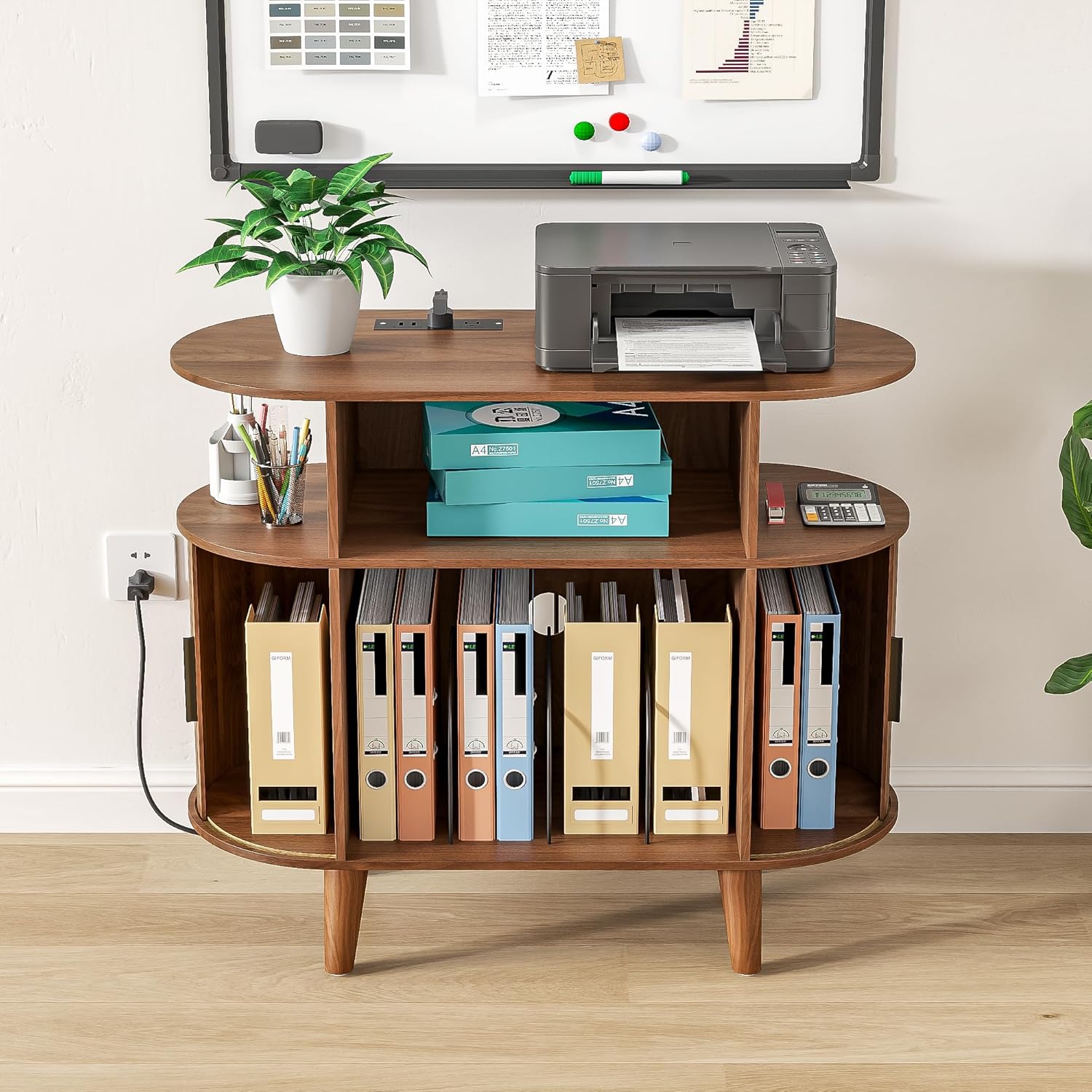Fiogmub Round Printer Stand with Charging Station & USB Ports, 35.4 x15.7 x 30 Inches Large Printer Table 3 Tier with Storage Shelf for Home Office (Walnut)