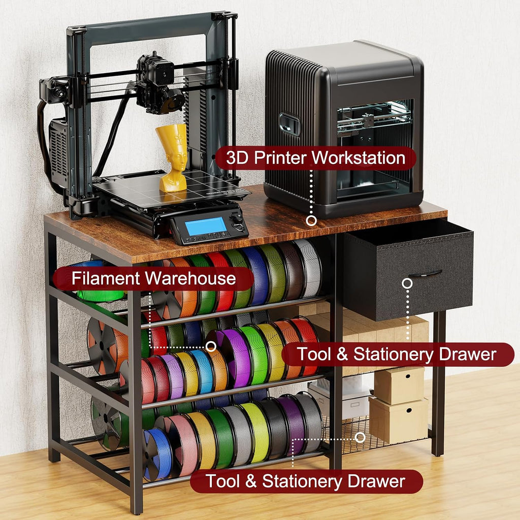 3D Printer Stand with Filament Storage Rack, 3D Printer Table with Power Outlet, 3-Tier Filament Holder with Drawer, 3D Printer Filament Stand Organized for Office Workshop Studio Office