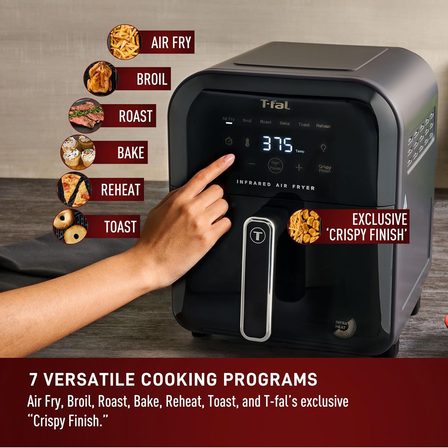 T-fal Infrared Air Fryer, 2x Faster Than Traditional Heating*, Large Air Fryer Toaster Oven Combo, 6 Qt Digital Touch Screen, 7-in-1 Cooking Functions, No-Shake Technology, 1550W, Black,