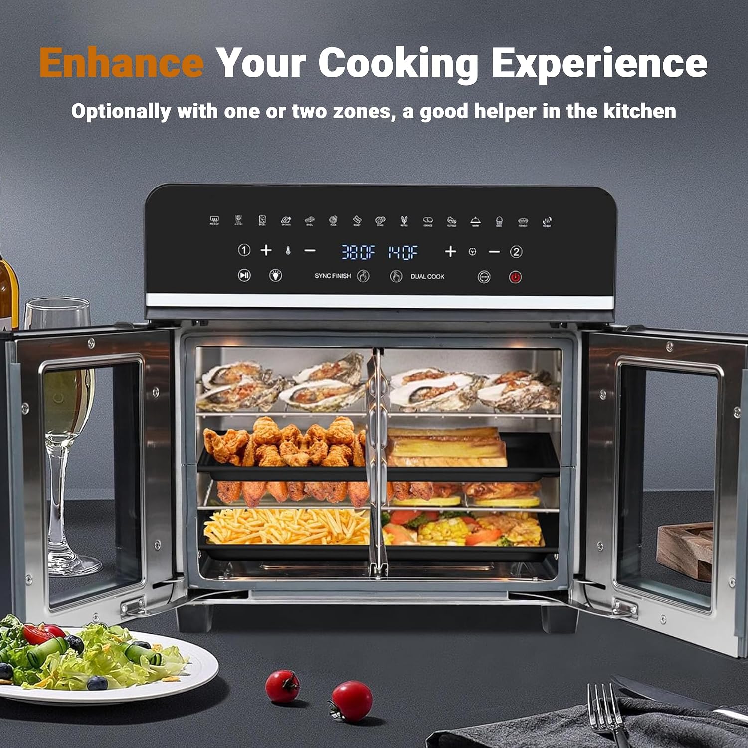 24Qt Large Air Fryer Toaster Oven Combo - Double Door Airfryer, 15 Cooking Function Touchscreen Dual Zone Independent Control Electric Oven, Stainless Steel Air Fryers Oven w 13 Accessories & Cookbook