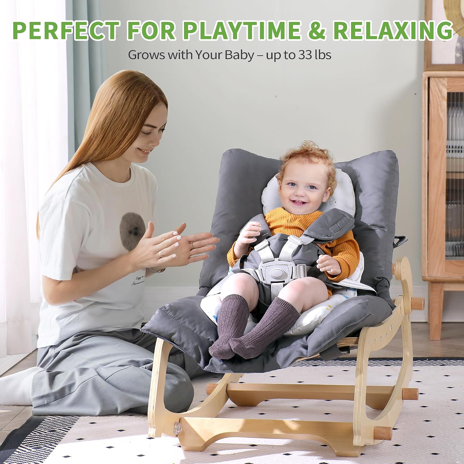 MallBest 3-in-1 Baby Rocker Chair with Double Cushions, for 0-12 Months, Adjustable Wooden Infant Rocker with Removable Cushion and 5-Point Harness for Infant to Toddler（Grey）