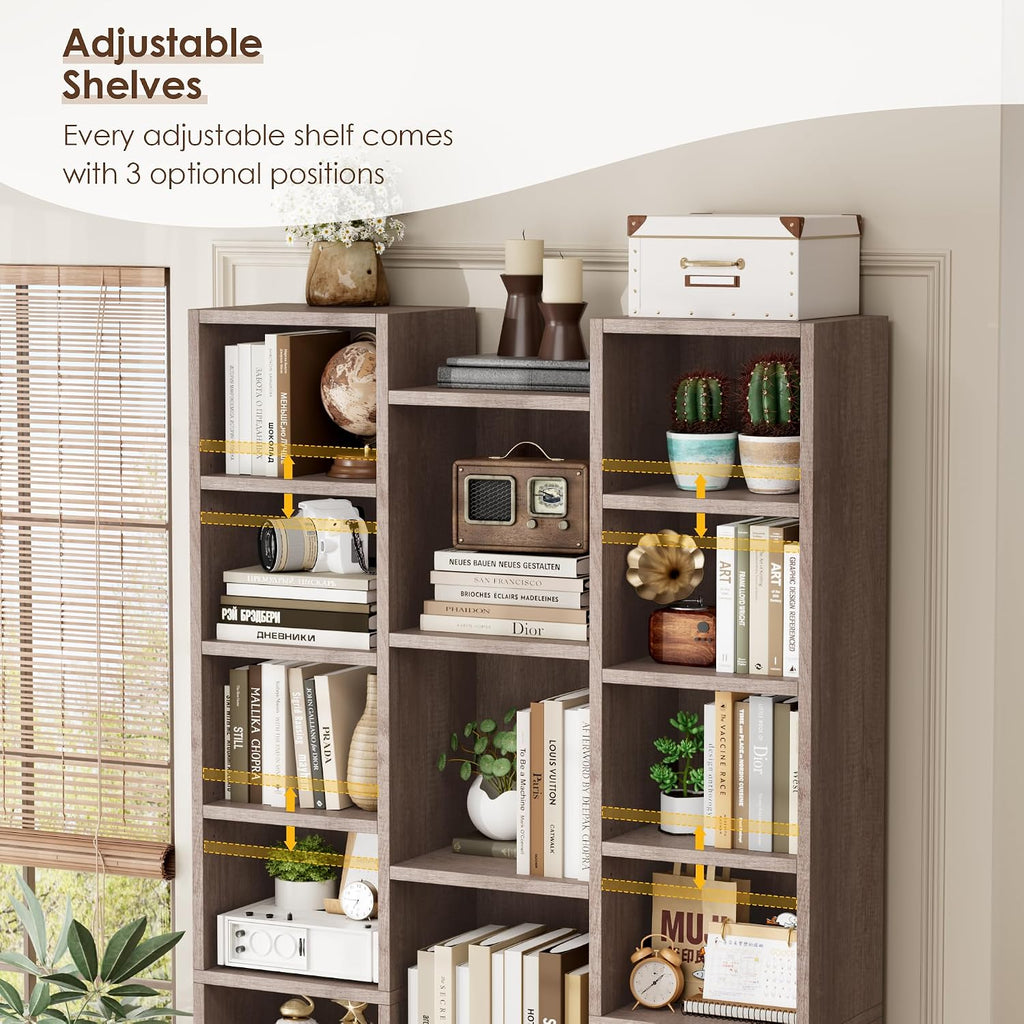 FOTOSOK 71'' Tall Bookshelf with 21 Cubes, 8 Tier Triple Wide Bookshelf with 8 Adjustable Shelves, 35' Large Bookcase DVD/CD Media Tower Storage, Freestanding Display Shelf Cabinet, Oak