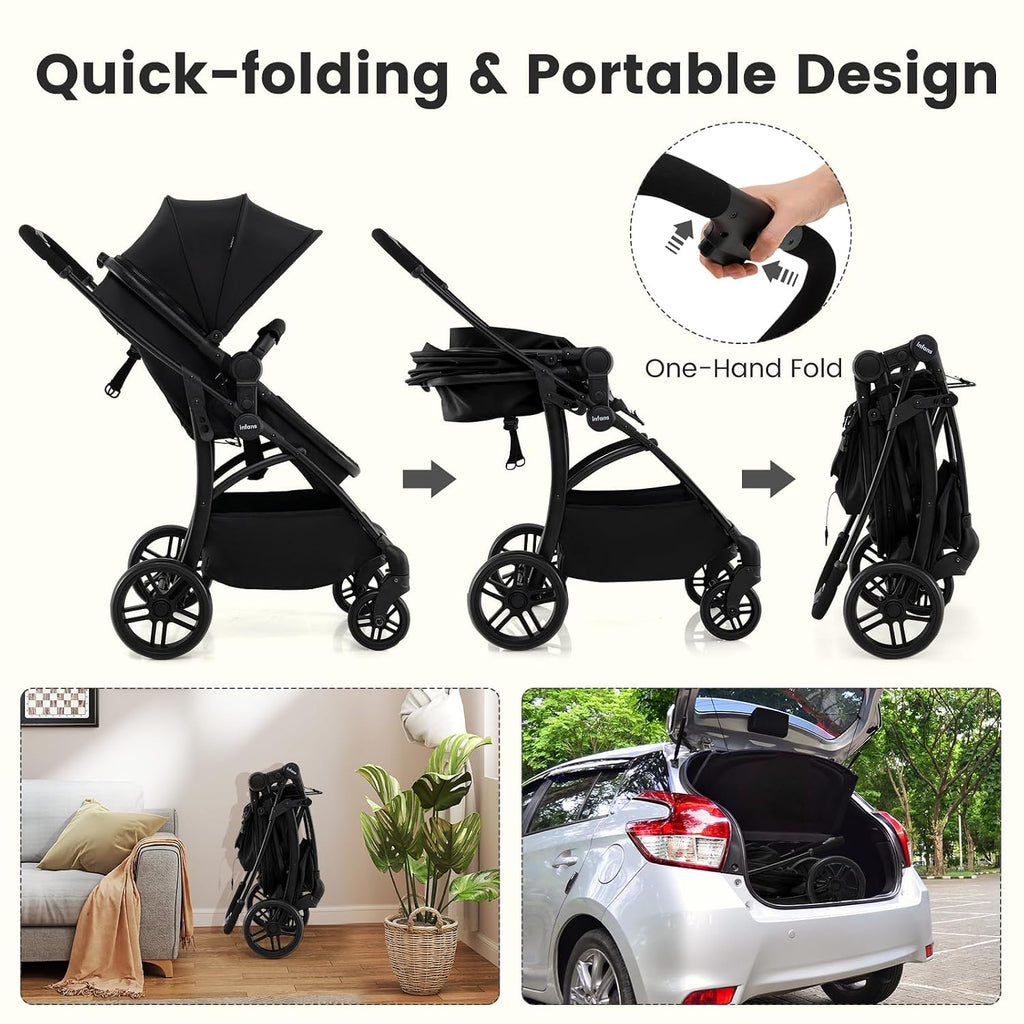 INFANS 2 in 1 Baby Stroller, Convertible Stroller with Bassinet Reversible Seat Adjustable Backrest Canopy One Hand Fold, Compact Toddler Pushchair for Kids Infants Newborns 0-36 Months