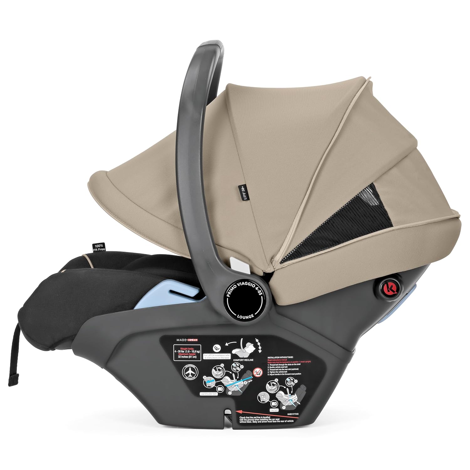 Peg Perego Primo Viaggio Lounge - Reclining Rear Facing Infant Car Seat - Includes Base with Load Leg & Anti-Rebound Bar - for Babies 4 to 30 lbs - Made in Italy - Vanilla Blend (Black & Cream)