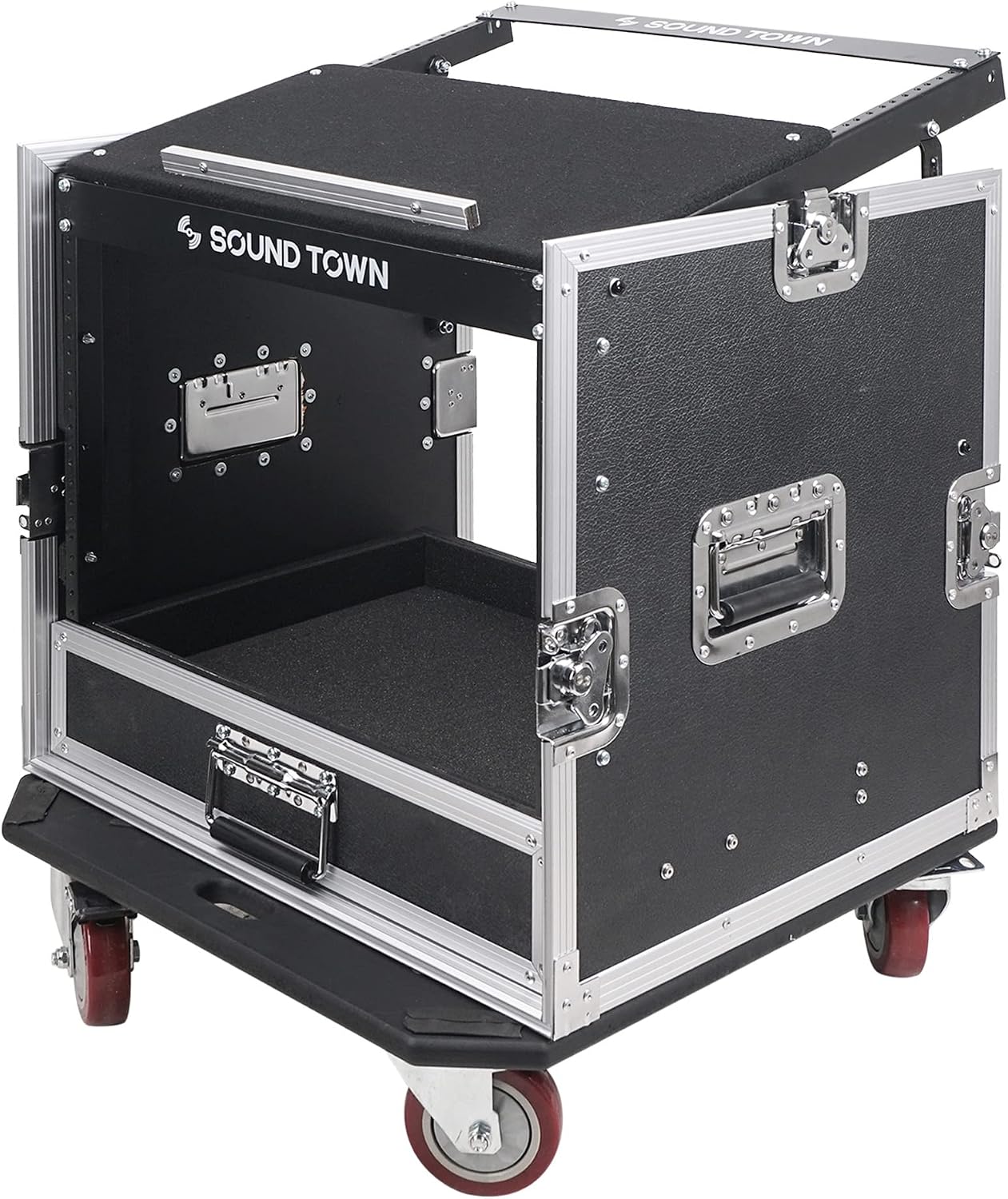 Sound Town 10U PA DJ Pro Audio Rack/Road ATA Case with 2U Drawer, 11U Slant Mixer Top, DJ Work Table, Casters, Pro Tour Grade (MR-DR10U)