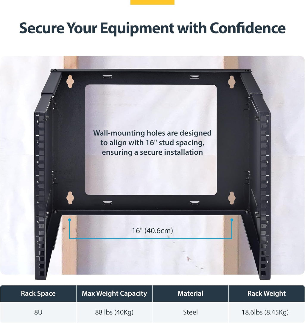StarTech.com 2-Post 8U Wall Mounted Rack, Adjustable Depth up to 16in, for 19-inch Server/Data/Networking Equipment, Max 88lb