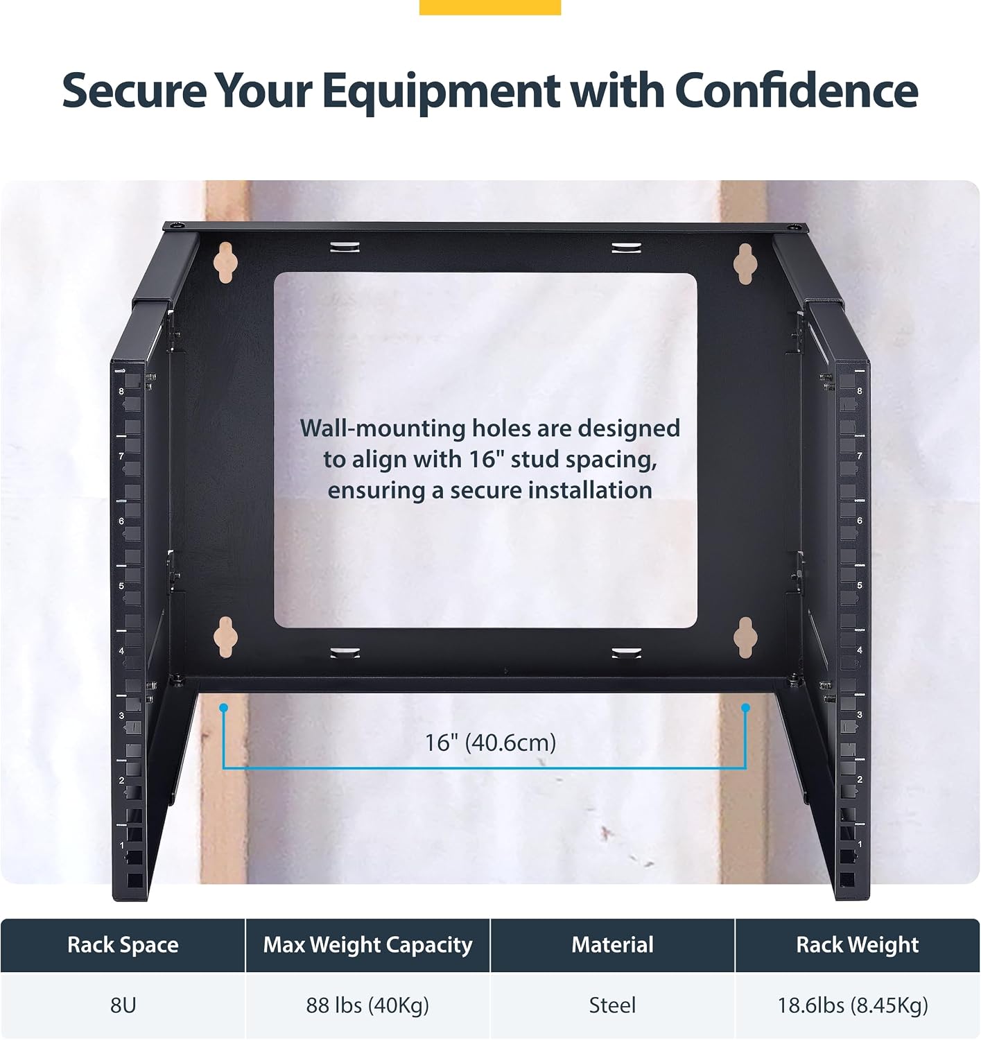 StarTech.com 2-Post 8U Wall Mounted Rack, Adjustable Depth up to 16in, for 19-inch Server/Data/Networking Equipment, Max 88lb