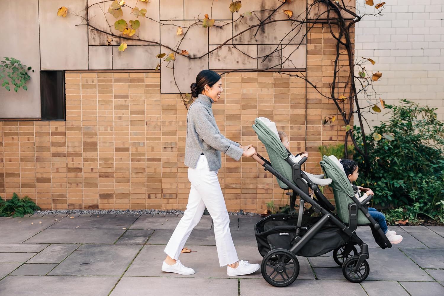 UPPAbaby RumbleSeat V2+ Second Lower Seat/Compatible with Vista V2 and Vista V3 / Adapters, Bumper Bar, Bug Shield Included/Bryce (White Marl/Silver Frame/Chestnut Leather)