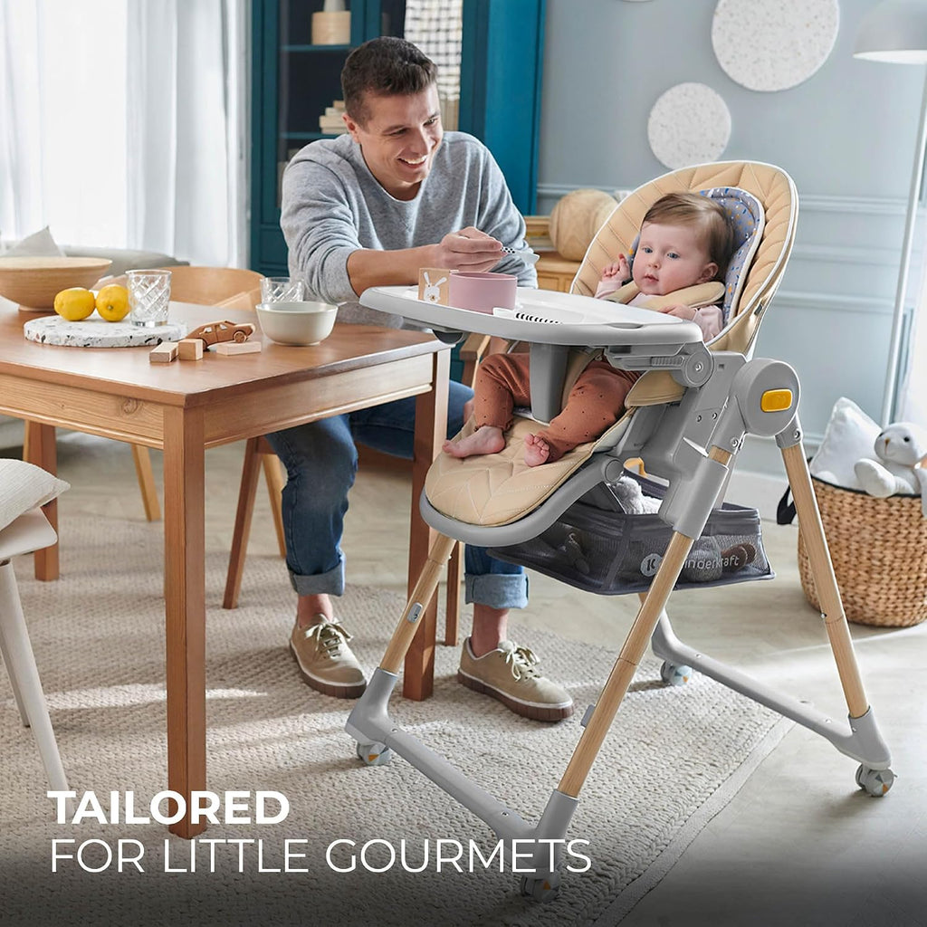 Kinderkraft LASTREE Foldable Baby High Chair for Babies and Toddlers with Reclining Function, Play Bar, Adjustable Tray and Footrest in Grey