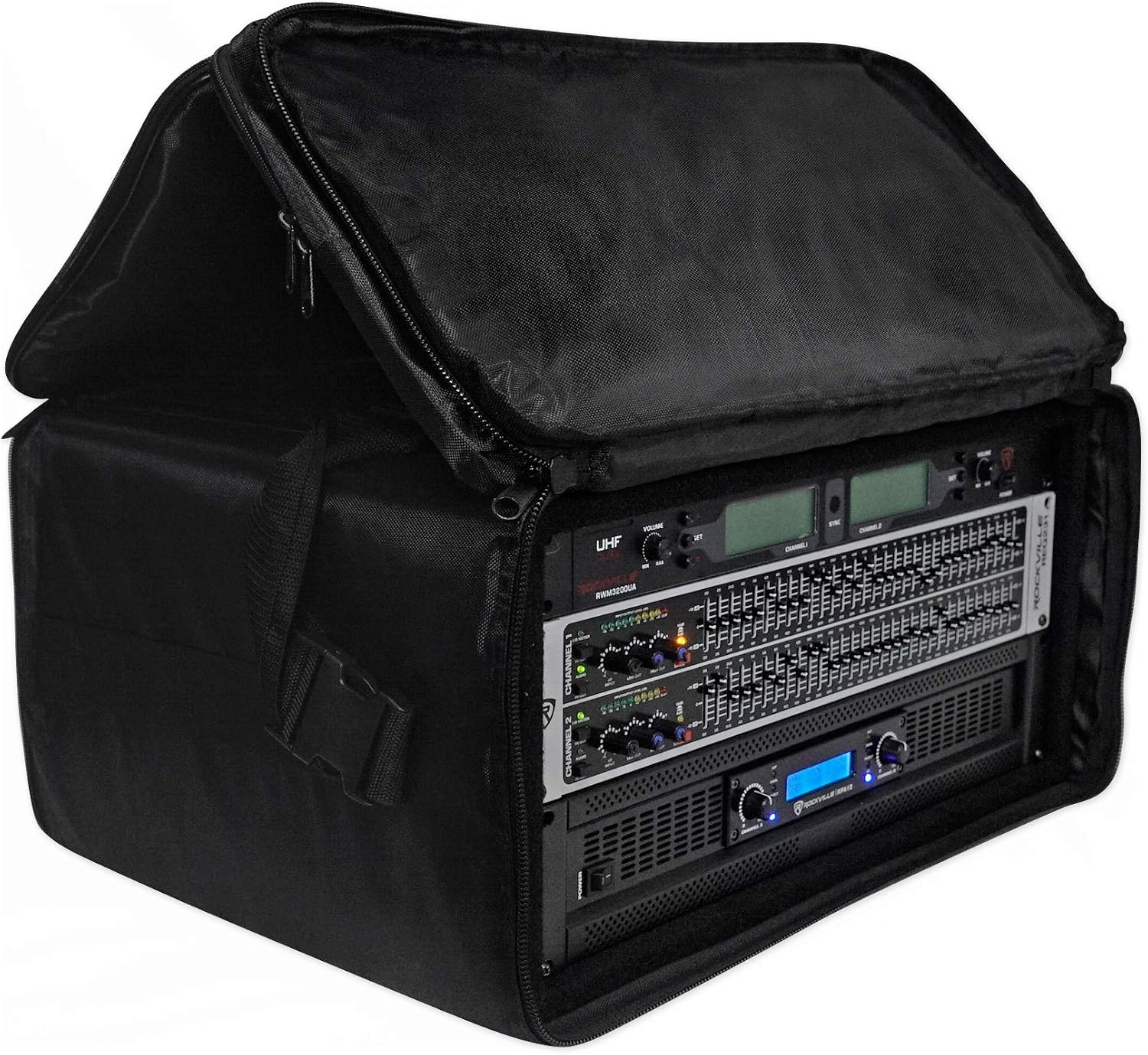 Rockville RRB55 5U Rack Bag Double-Sided Case, 16' Depth, Shoulder Strap, Zippered Pockets, Lightweight, Durable Nylon, for DJs and Live Sound Professionals