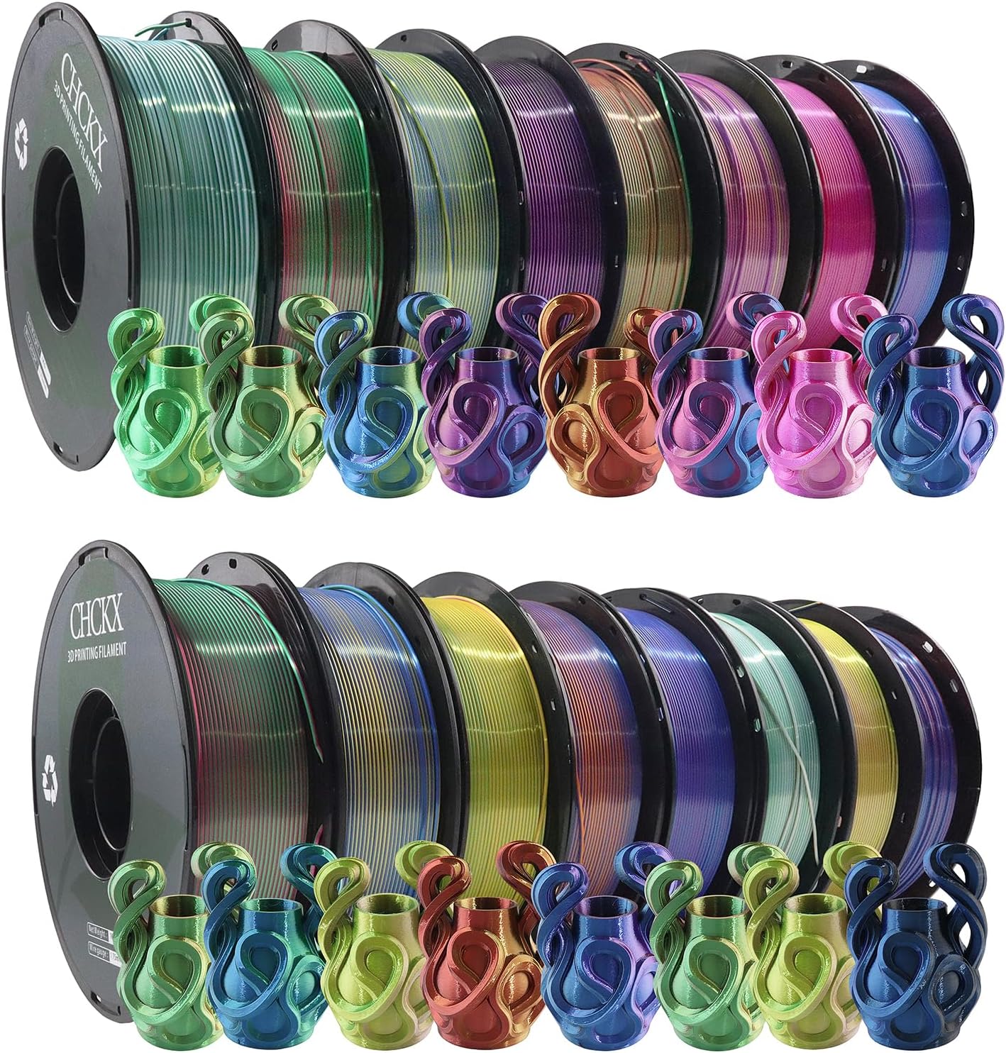 16 Pack PLA Filament Bundle, Silk Tricolor PLA Filament 16 Rolls, 1kg Spool(2.2lbs)，1.75 mm, Dimensional Accuracy +/- 0.02mm, 16 Different Triple Colors