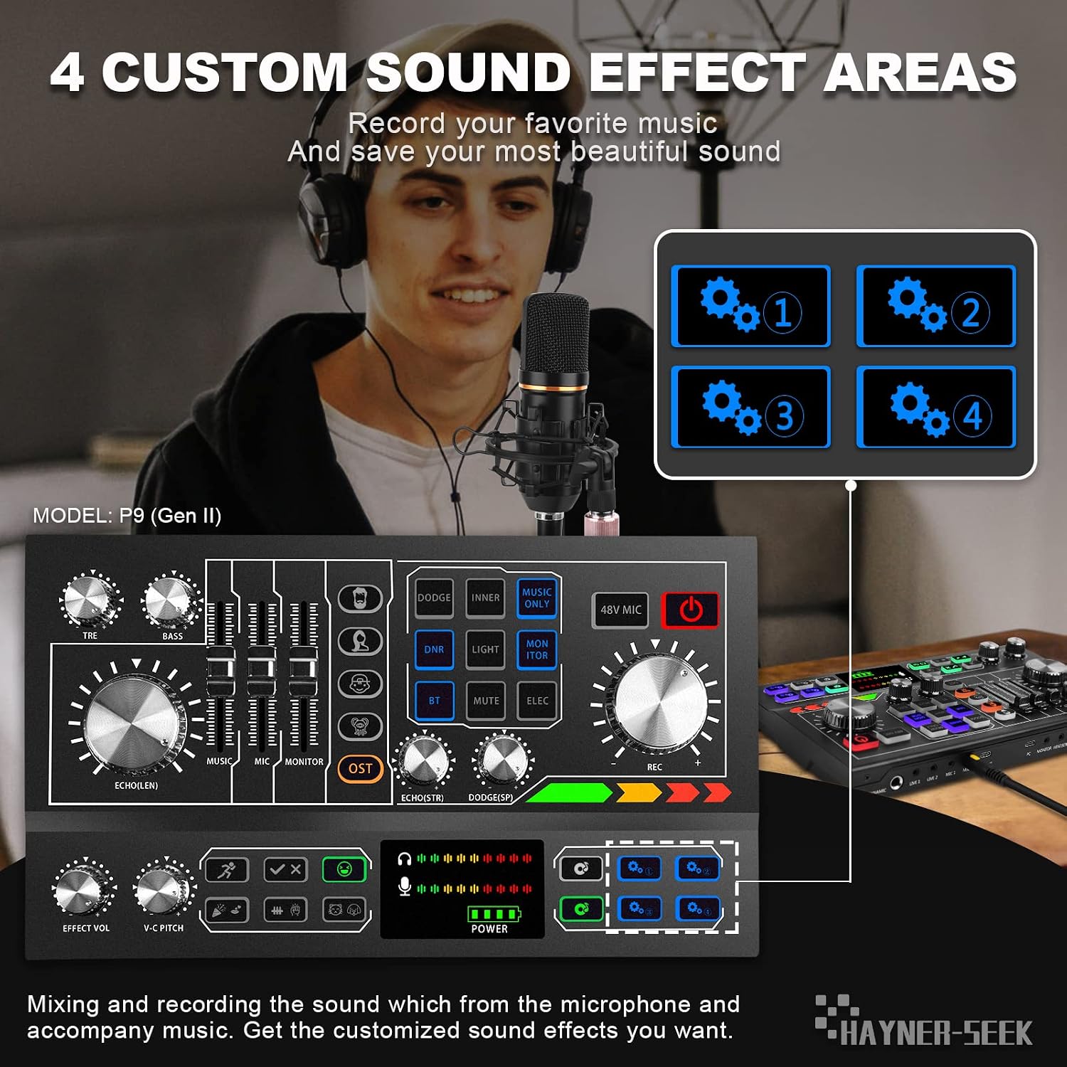 Podcast Equipment Bundle for 2, Audio Mixer with Condenser Microphone and 48V Phantom Power Supply Audio Interface for Live Stream Record Game