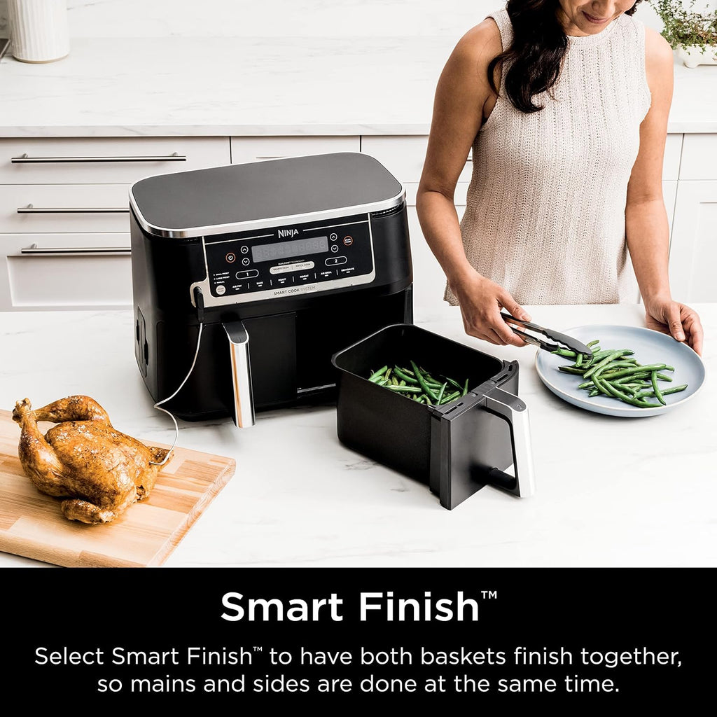Ninja DZ550 Foodi 10 QT 6-in-1 DualZone Smart XL Air Fryer with 2 Independent Baskets, Smart Cook Thermometer for Perfect Doneness, Match Cook & Smart Finish to Roast, Dehydrate & More, Grey