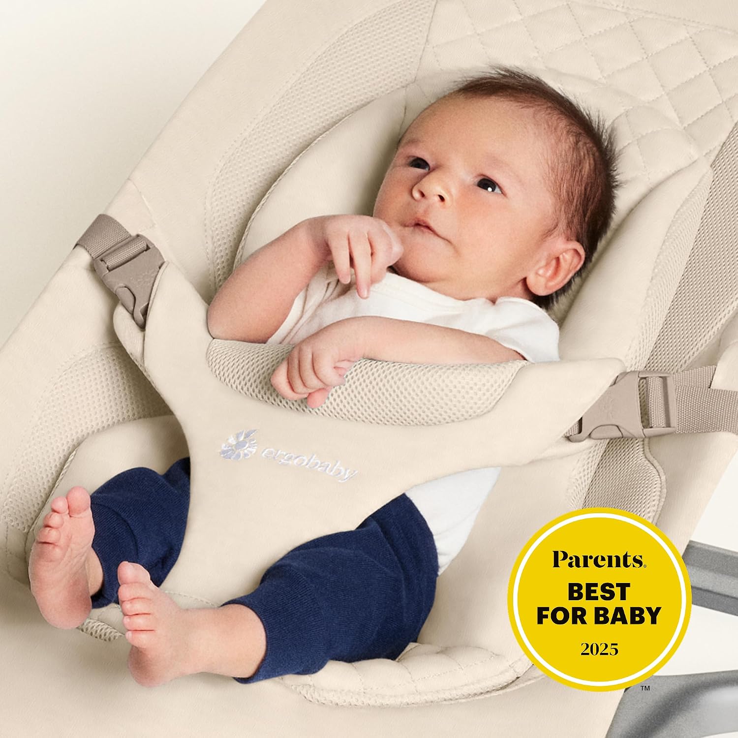 Ergobaby Evolve 3-in-1 Bouncer Seat for Babies and Toddlers 5.5-25lbs - Multi Position Baby Rocker Seat with Adjustable Heights, Secure Harness, Newborn Insert - Knit Cream
