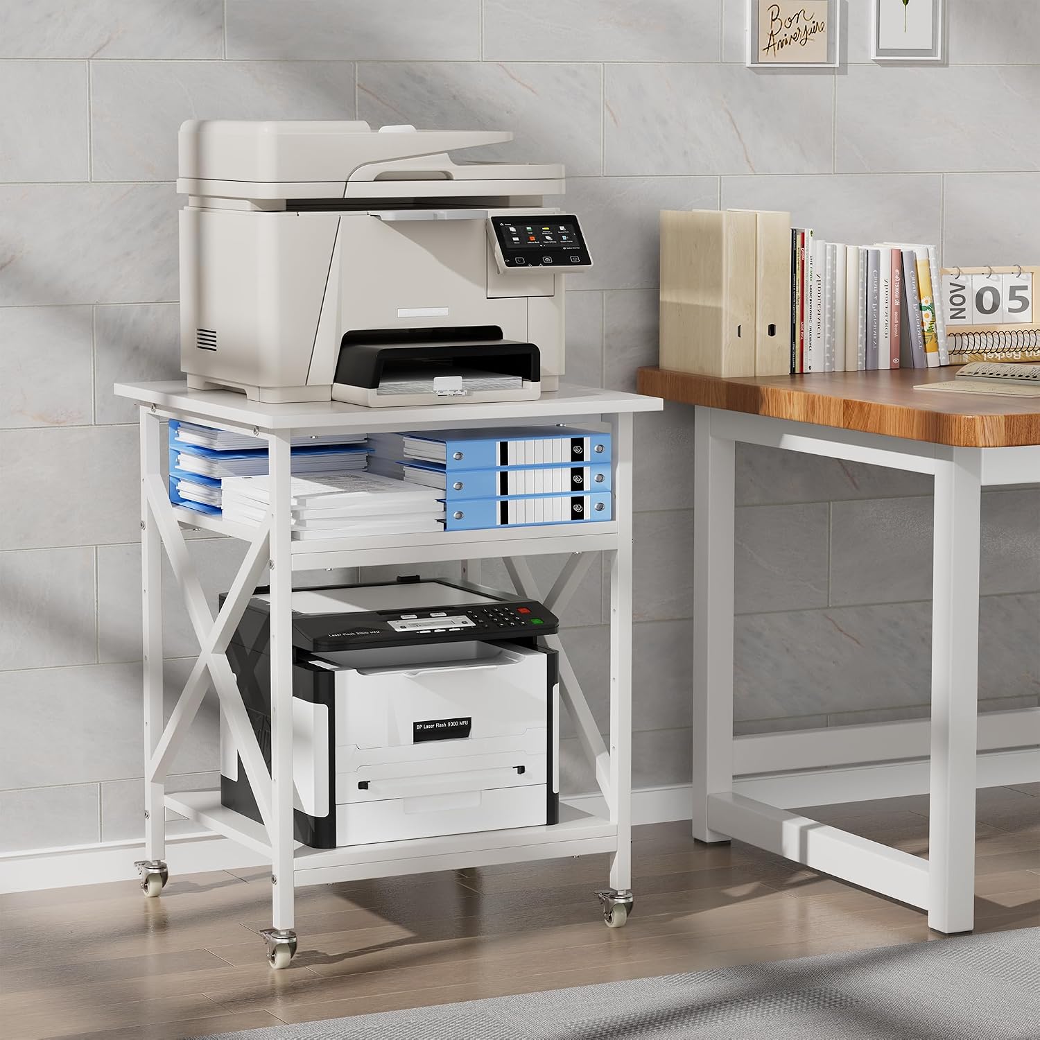 3 Tier Printer Stand, Large Table with Wheels, Rolling Cart with Height Adjustable Middle Storage Shelf, 23.6 x 23.6 x 30.3 Inches Shelf for Home Office, White