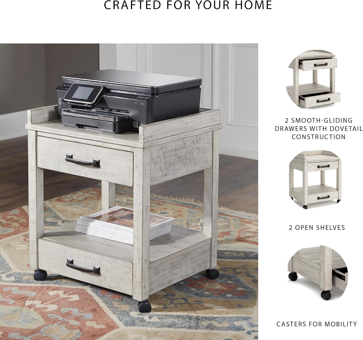 Signature Design by Ashley Carynhurst Rustic Farmhouse Printer Stand with Casters, Whitewash