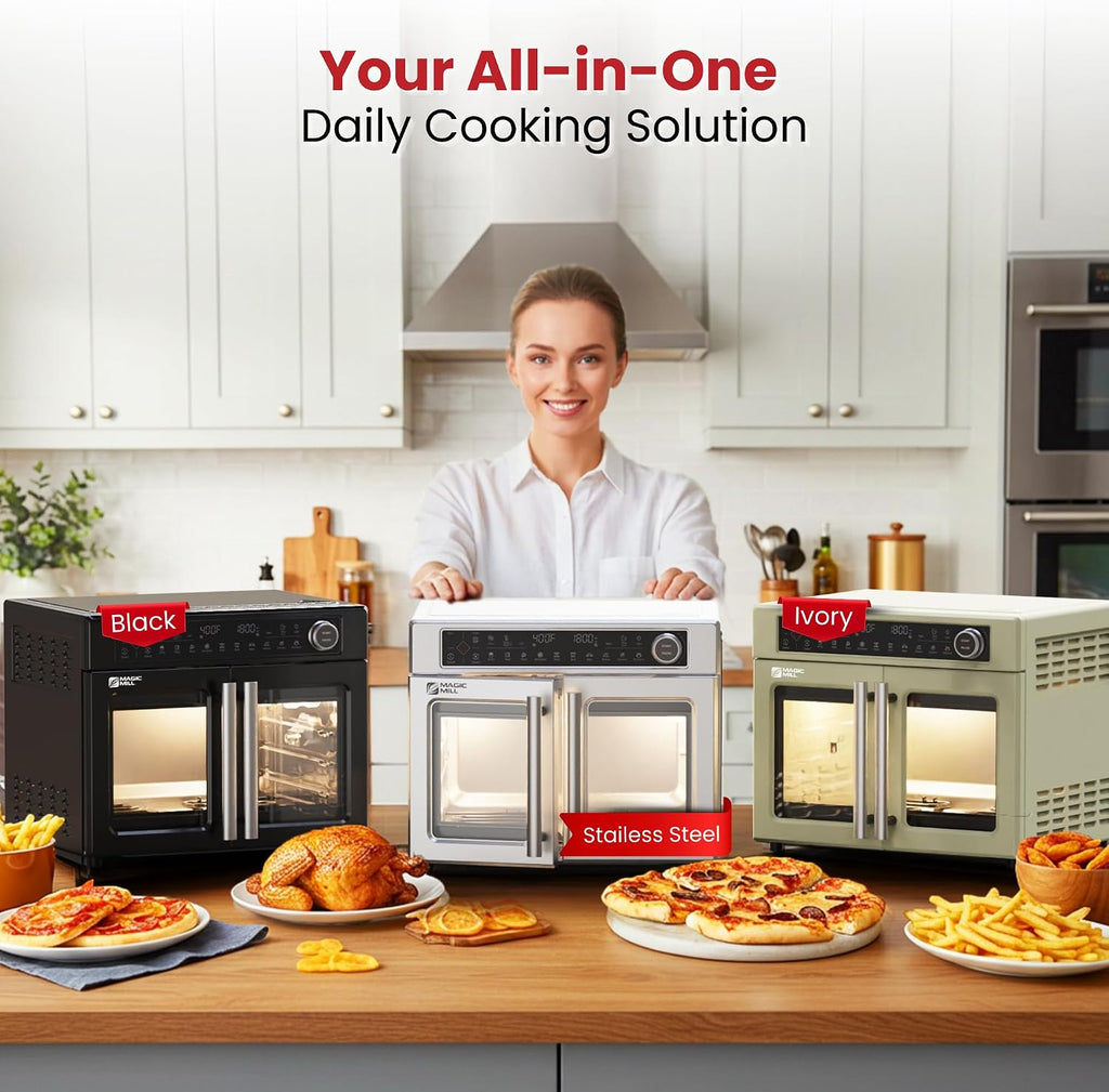 Magic Mill Ultra-Premium Dual-Zone Stainless Steel Air Fryer Toaster Oven Combo, Extra Large 32QT French Door Convection Oven with Next-Gen Patent Technology, 13 Accessories, Rotisserie, Sync Finish