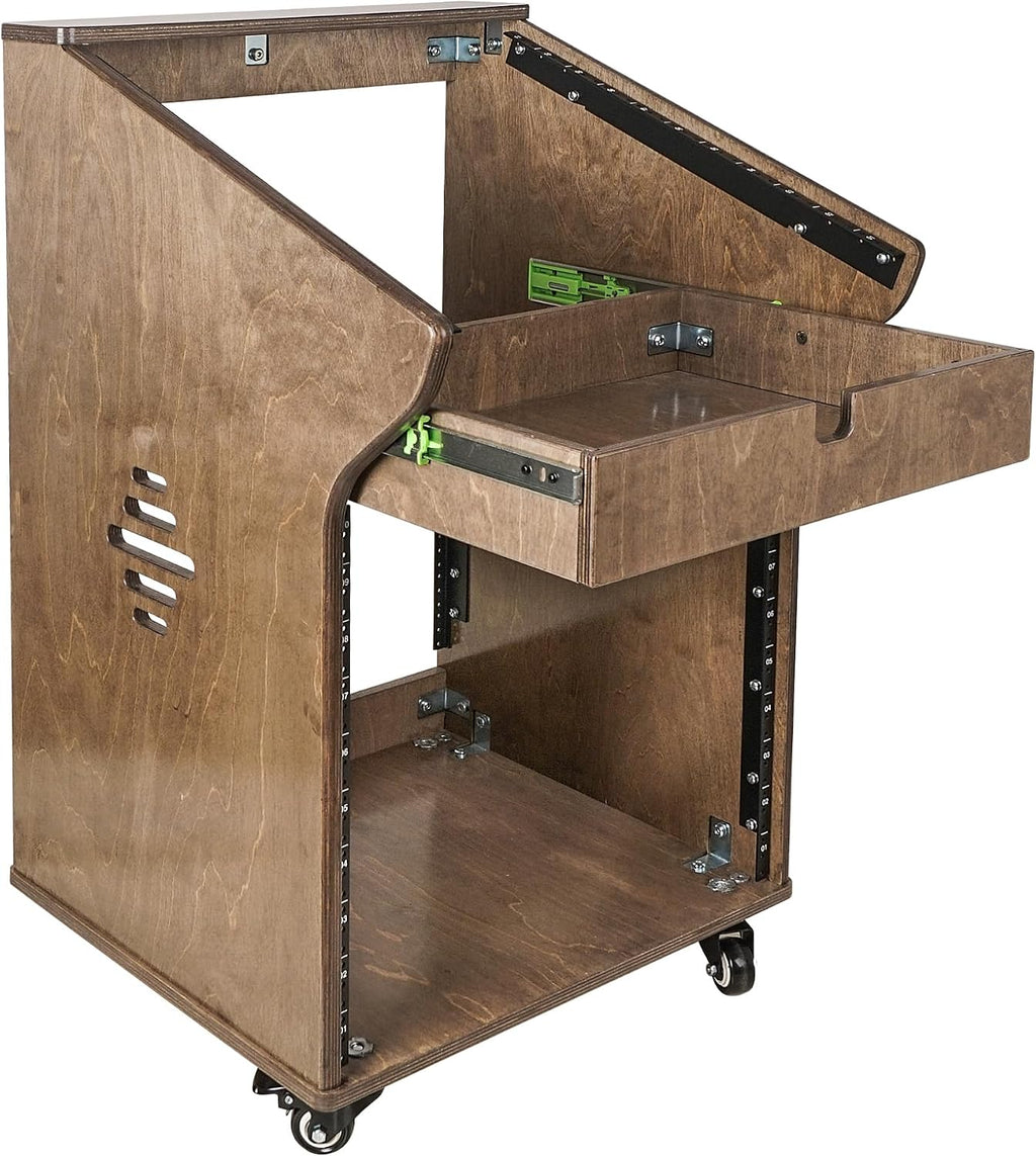 Sound Town DIY Solid Baltic Birch Plywood Studio Rack with 11U Slant Mixer Top, 10U Front, 2U Drawer, Rubber Feet, Casters, Weathered Brown (SDRK-M11X10B)