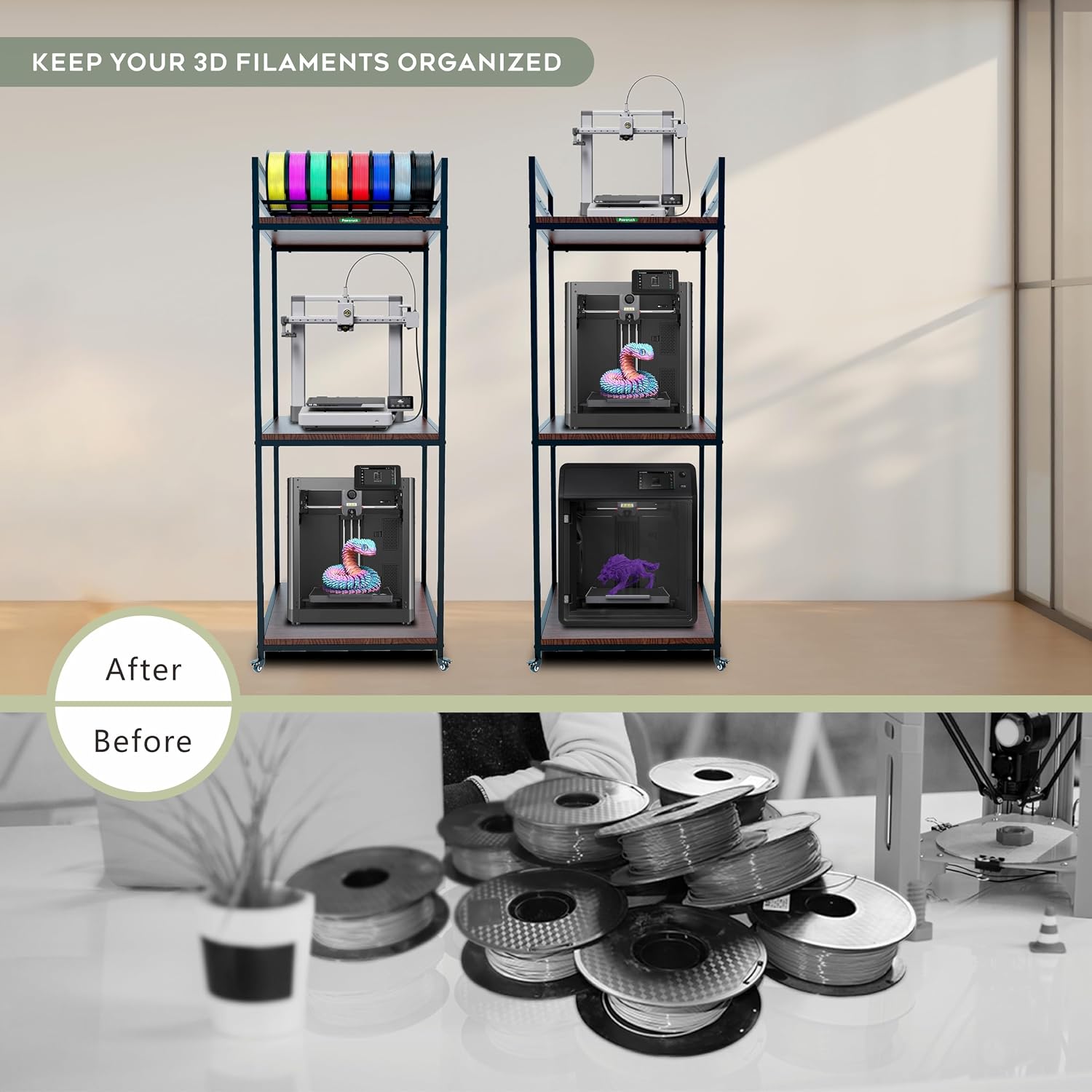PT2 Ultimate Large 3D Printer Storage Solution, Heavy-Duty 3-Tier Stand & Filament Organizer Rack for Biggest Printers on Wheels