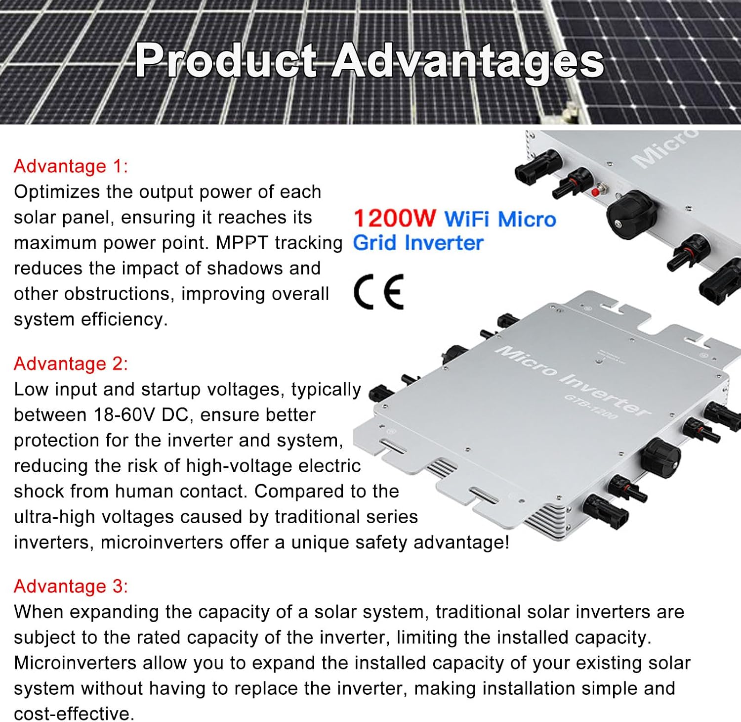 MPPT Solar Micro Inverter 2000W 2400W 2800W, DC 24V-60V to AC 120/230V, for Home Commercial Solar Panels 2000W-Grey