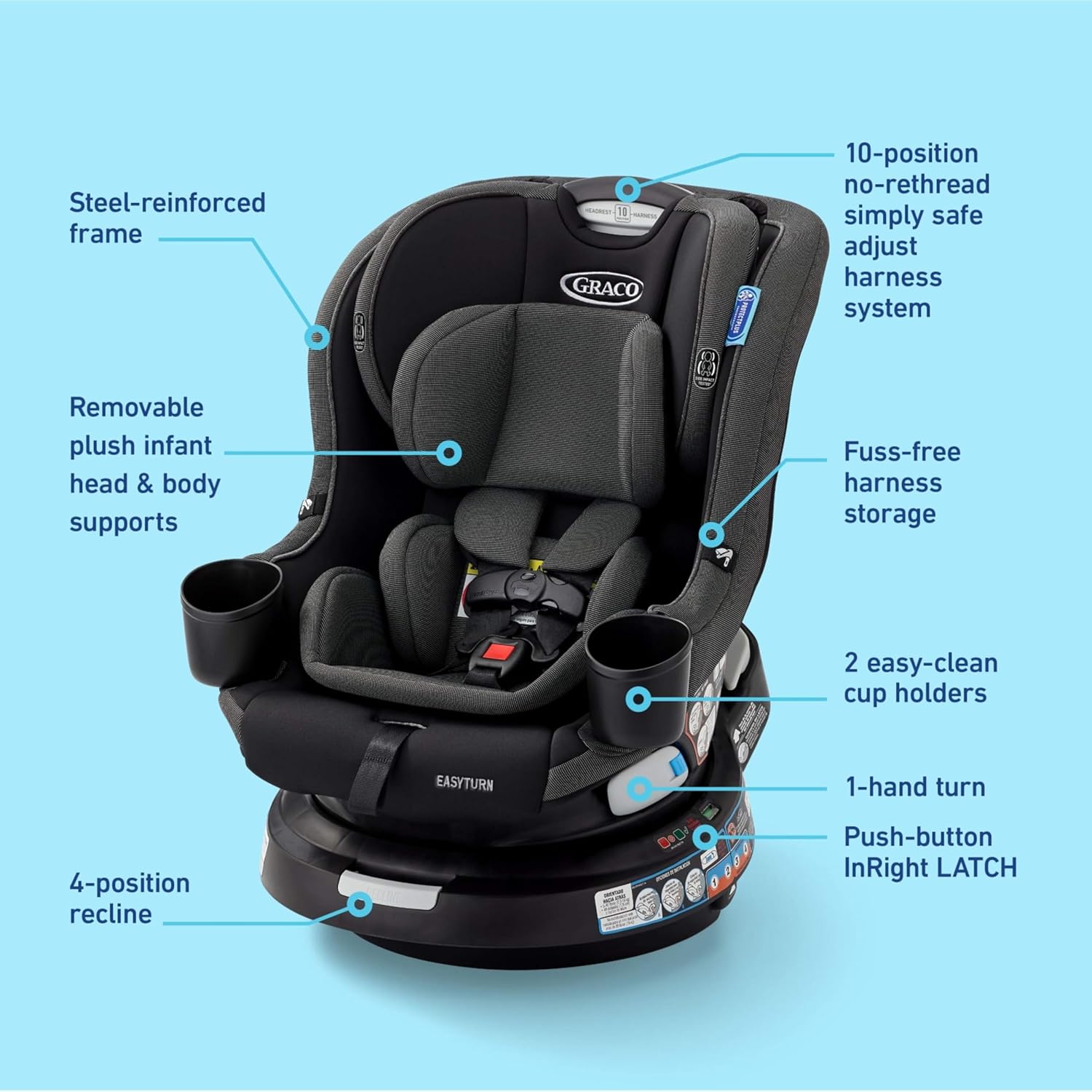 Graco EasyTurn 360 2-in-1 Rotating Convertible Car Seat, 360 Degree Rotating Infant to Toddler Rotating Car Seat, 2 Modes Rear and Forward Facing, Slim Design, Cyran