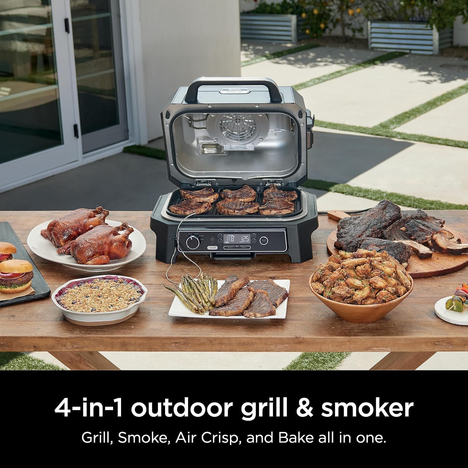 Ninja Woodfire ProXL Outdoor Grill & Smoker, Thermometer, 4-in-1 Master Grill, BBQ Smoker, Outdoor Air Fryer, Bake, Portable, Electric Grill (Renewed) (Hunter Green)
