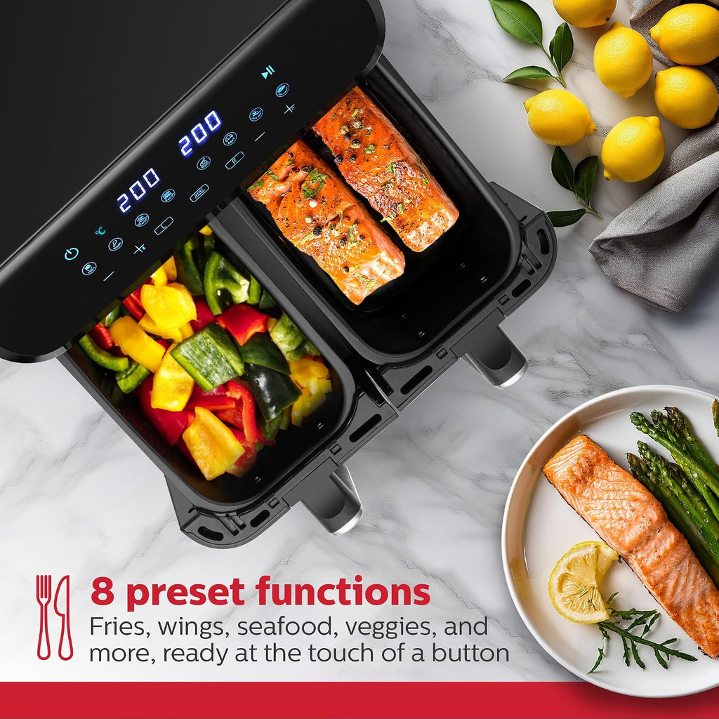 Holstein Housewares 9.5 QT Dual Basket Digital Air Fryer, Independent Controls - Non-Stick, Healthy Cooking with Less Oil, 8 Presets, Fry, Roast, Bake & Grill, LED Display & Dishwasher-Safe Parts