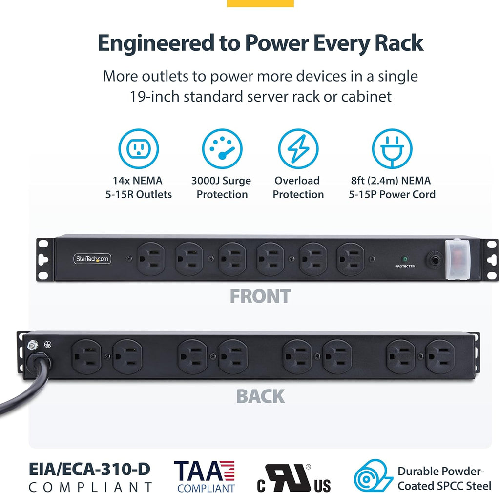 StarTech.com 14-Outlet Rackmount PDU, 1U Server Rack Accessories Surge Protector Power Strip, 6X Front and 8X Rear Ports, Rack Mount Power Distribution Unit Outlet Strip with 8ft Power Cord