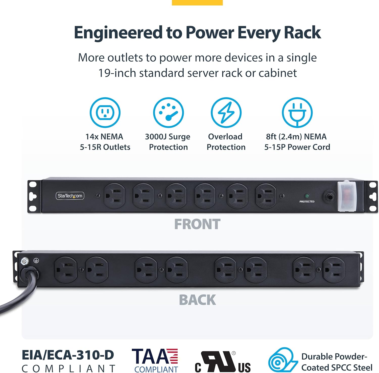 StarTech.com 14-Outlet Rackmount PDU, 1U Server Rack Accessories Surge Protector Power Strip, 6X Front and 8X Rear Ports, Rack Mount Power Distribution Unit Outlet Strip with 8ft Power Cord