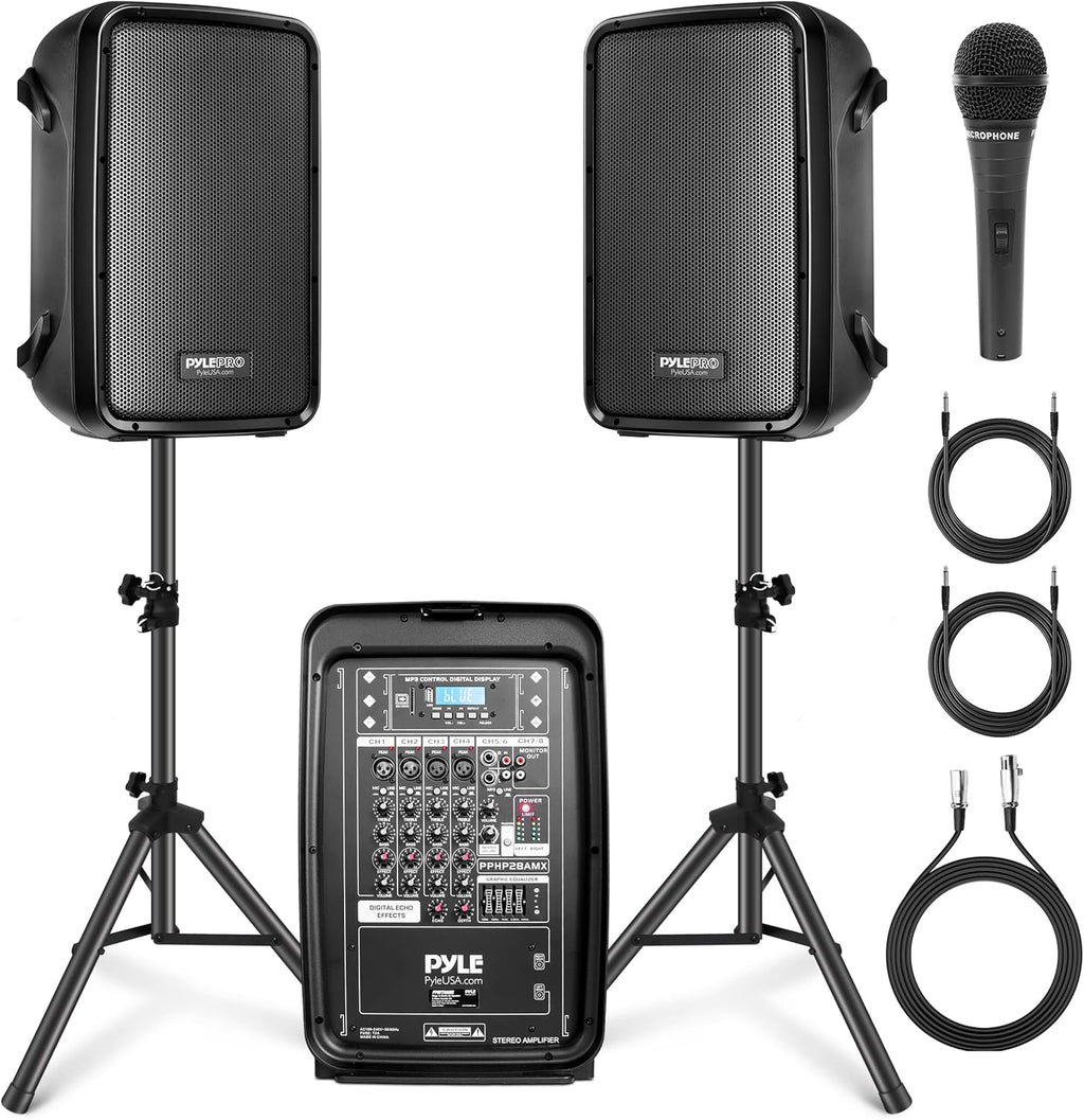 Pyle PA Speaker DJ Mixer Bundle - 300 W Portable Wireless Bluetooth Sound System w/ USB SD XLR 1/4' RCA Inputs - Dual Speaker, Mixer, Microphone, Stand, Cable - Home/Outdoor Party - PPHP28AMX,Black