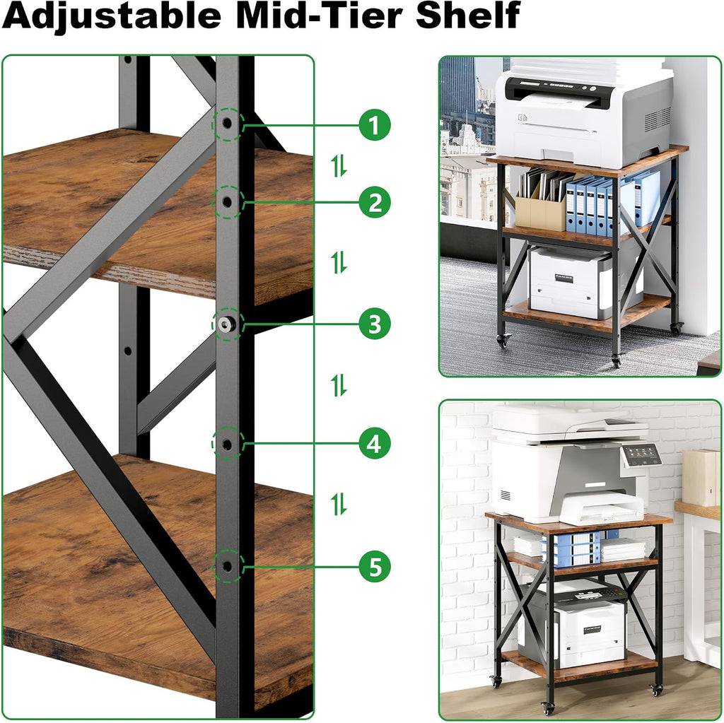 3 Tier Printer Stand, Large Table with Wheels, Rolling Cart with Height Adjustable Middle Storage Shelf, 23.6 x 23.6 x 30.3 Inches Shelf for Home Office, Vintage Brown