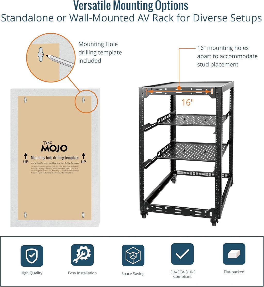 TECMOJO 20U Open Frame Network Rack for IT & AV Gear, 4-Post With Casters, Mobile With 2 PCS 1U Server Shelf & Mounting Hardware, for 19' Network, Audio and Video Device