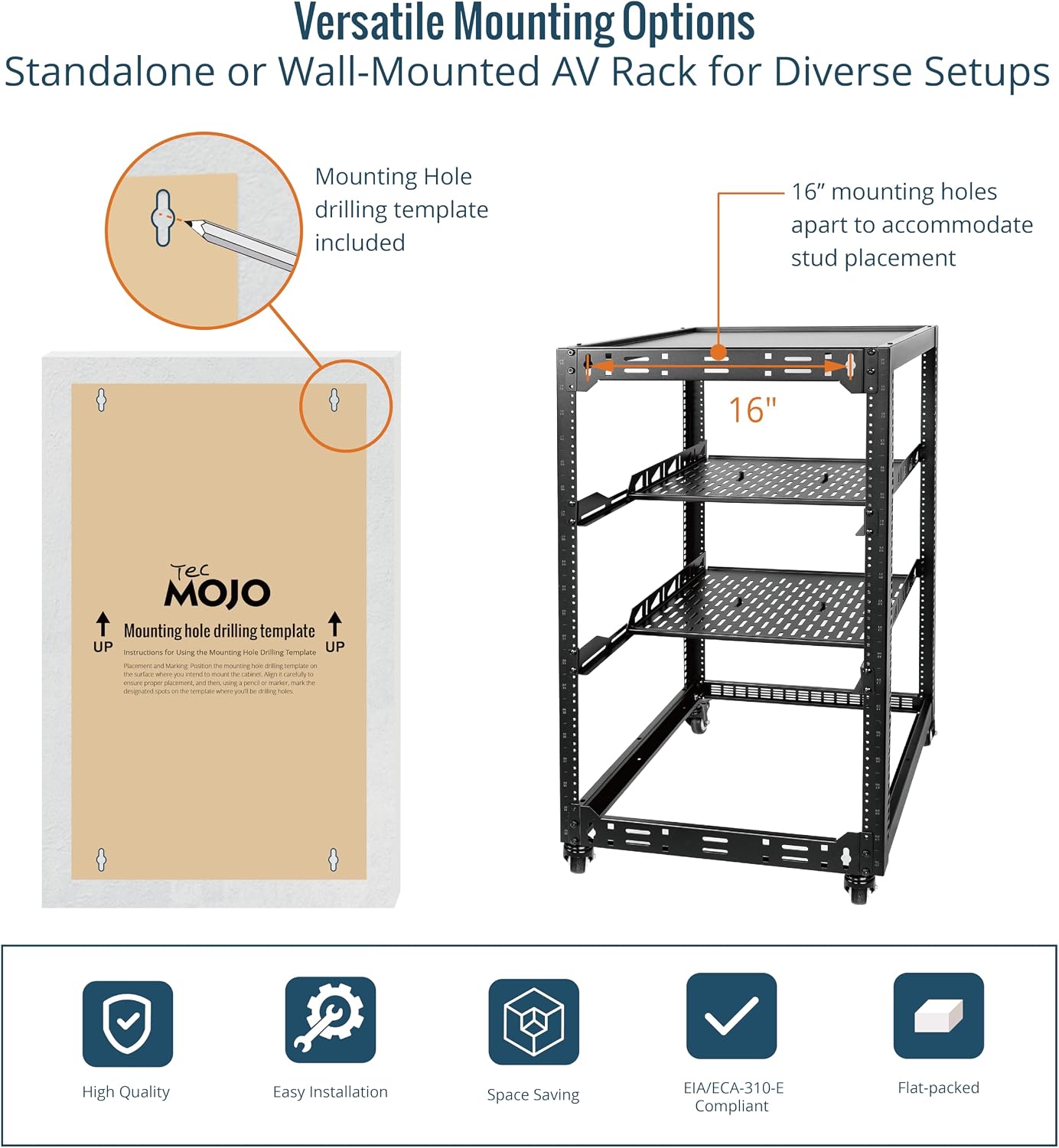 TECMOJO 20U Open Frame Network Rack for IT & AV Gear, 4-Post With Casters, Mobile With 2 PCS 1U Server Shelf & Mounting Hardware, for 19' Network, Audio and Video Device