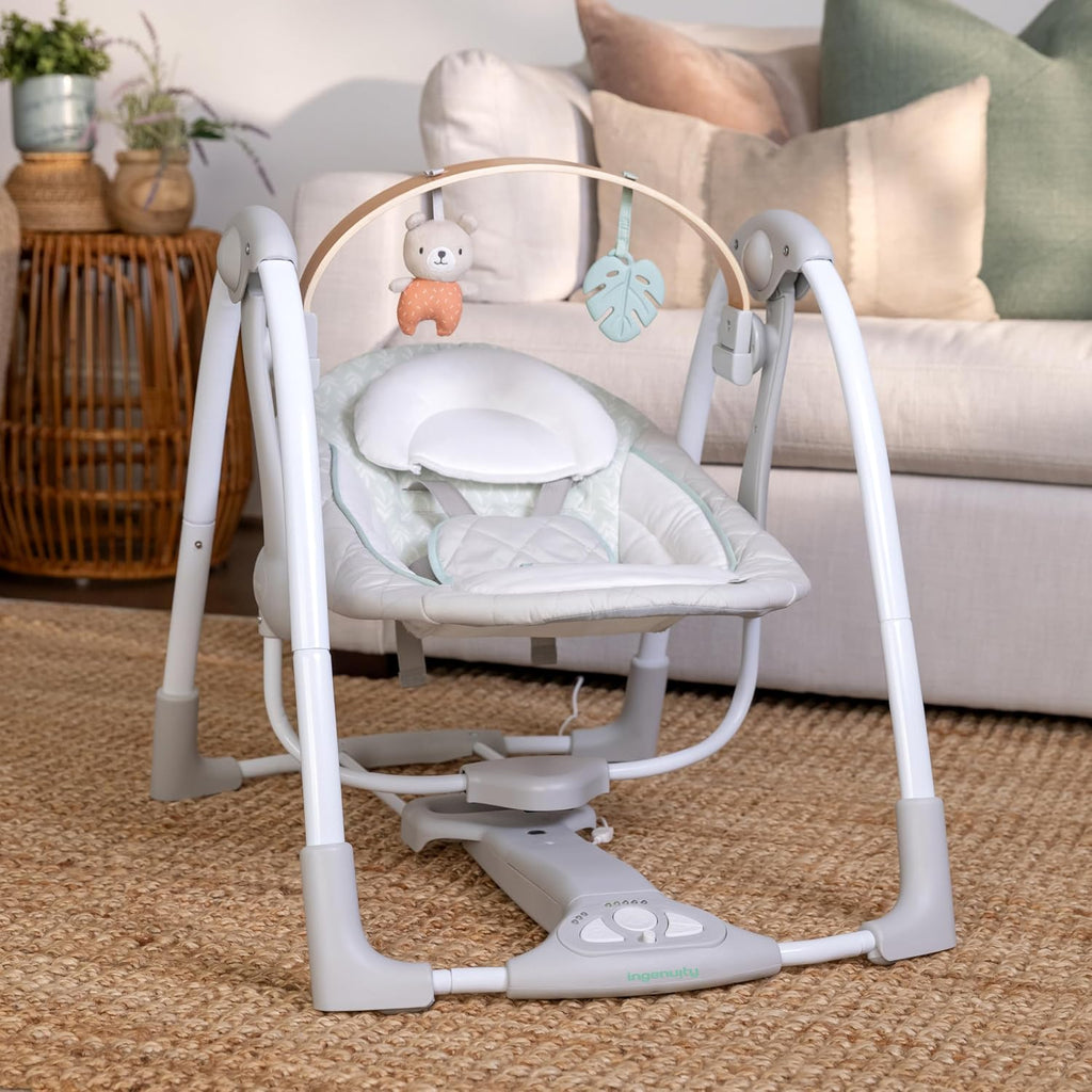 Ingenuity Cozy Spot Swing n Go Portable Swing - Removable and Rotatable Wood Toy Bar, 6-Speed, for Ages 0-9 Months, Up to 20 Pounds