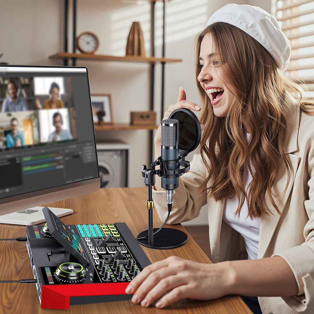 Podcast Equipment Bundle with Live Sound Card Audio Mixer, 3.5mm Condenser Microphone for PC/Phone Streaming and Singing, Podcast Microphone Bundle with Voice Changer sound board