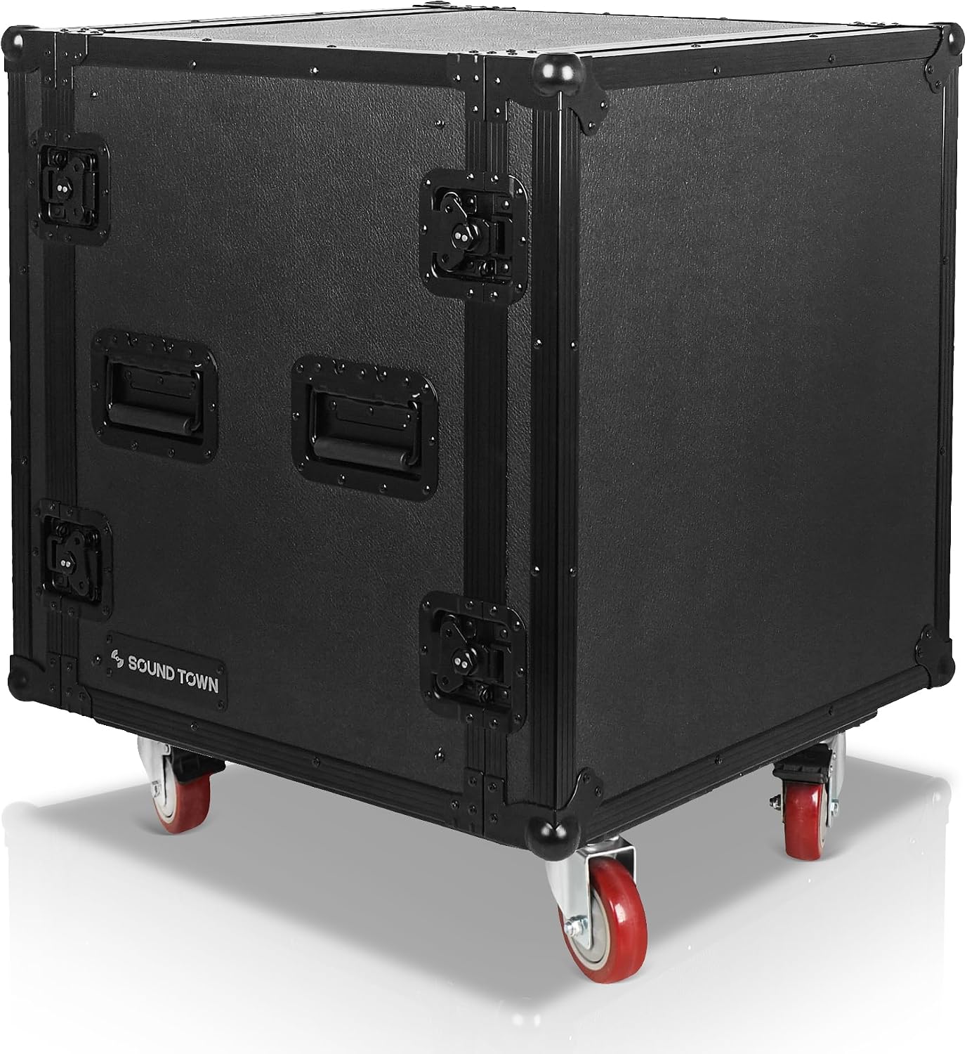 Sound Town Black Series Shock Mount 12U ATA Plywood Rack Case with 21' Rackable Depth, All-Black Anodized Hardware and Casters, Pro Tour Grade (STRC-SPB12UW)