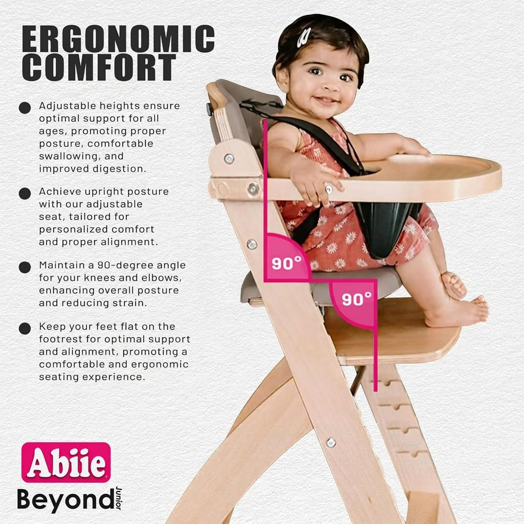 Abiie Beyond Junior Wooden High Chair for Babies and Toddlers - Convertible 3-in-1 Baby Highchair with Removable Tray - 6 Months to 250 Lb - Water Resistant - Natural Wood with Soft Mocha Cushion