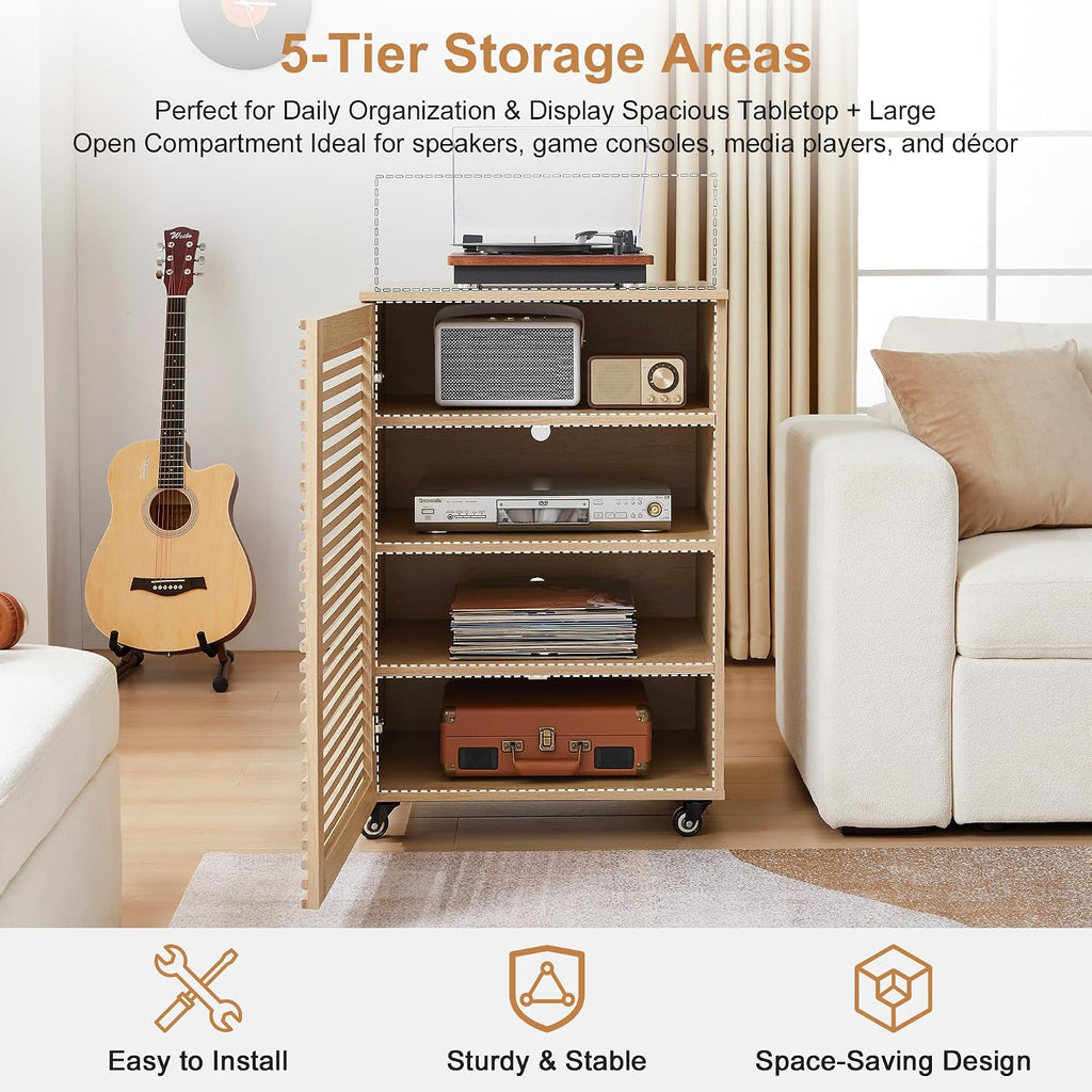 LEVNARY 5-Tier AV Media Cabinet with Grille Door & Adjustable Shelves, Modern Wooden Stereo Rack with Cable Management & Wheels, Audio Video Stand for Living Gaming Room Recording Studio (Natural)