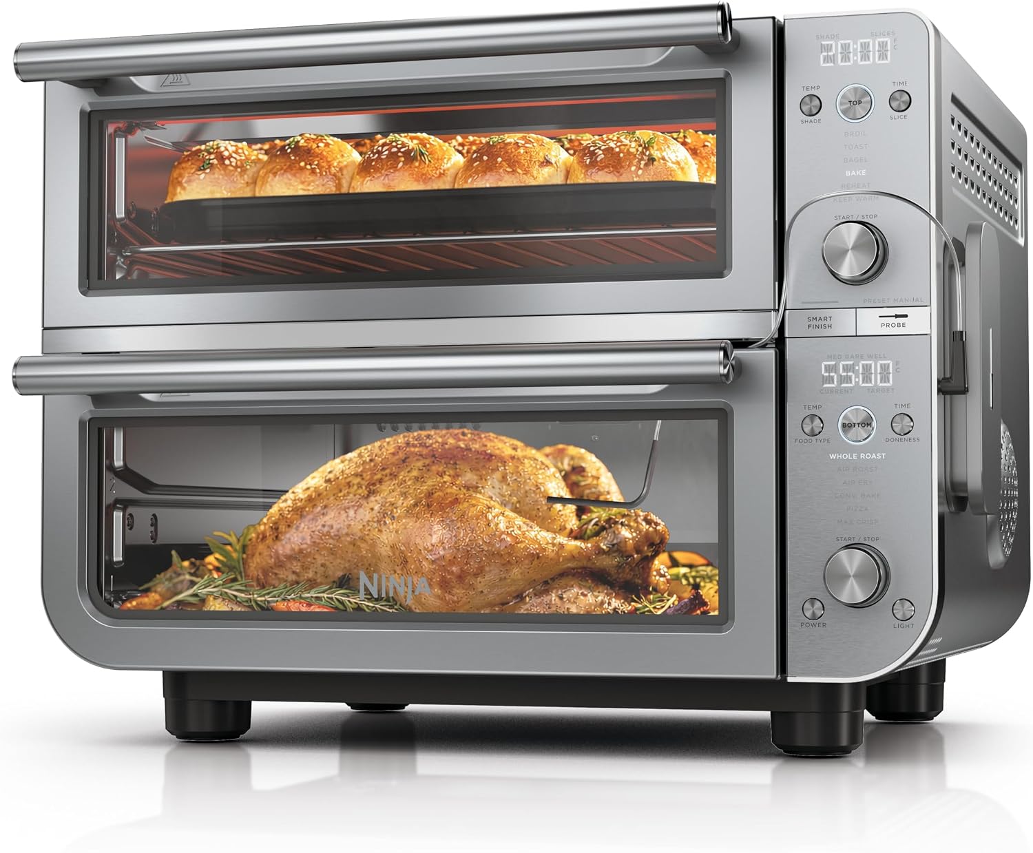 Ninja Double Oven Pro Smart XL Countertop Oven & Air Fryer with Thermometer | 30.2 Qt | 12-in-1 with Smart Finish & DualZone Tech to Cook 2 Meals at Once | Fits up to 4.5lb Chicken | Silver | DCT871