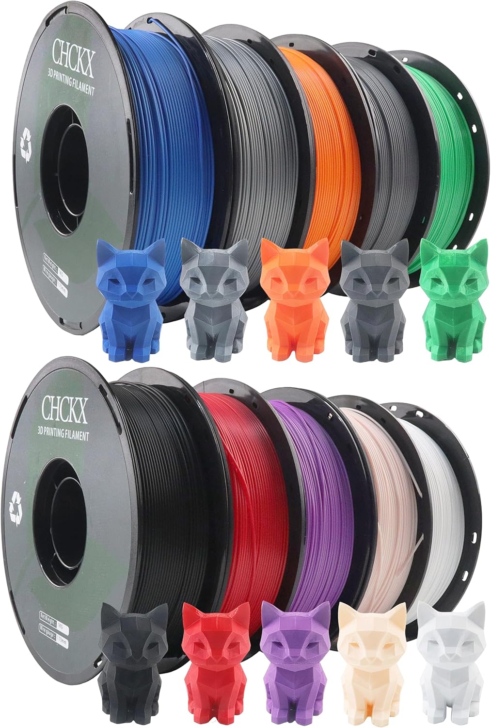 10 Pack PLA 3D Printer Filament Bundle, 1.75 mm, 1kg Spool (2.2lbs), Dimensional Accuracy +/- 0.02 mm, Black White Grey Red Green Purple Skin Blue Orange Silver