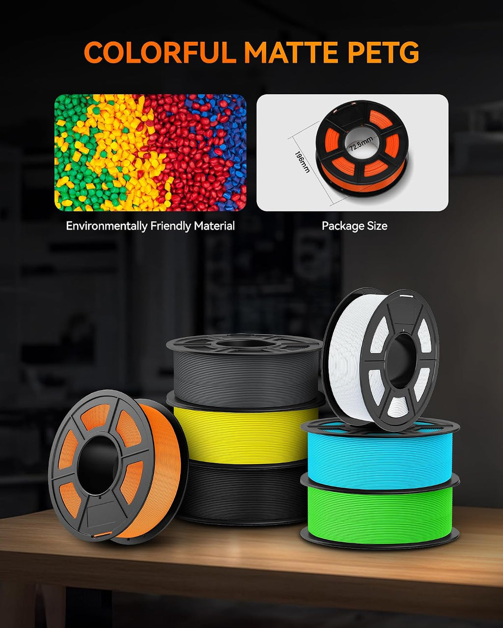TECBEARS Rapid PETG Filament Bundle，High Speed 3D Printer Filament, High Toughness PETG, Pack of 10, 10 Colors, Black+White+Gray+Red+Orange+Green+Blue+Pink+Yellow+Sky Blue