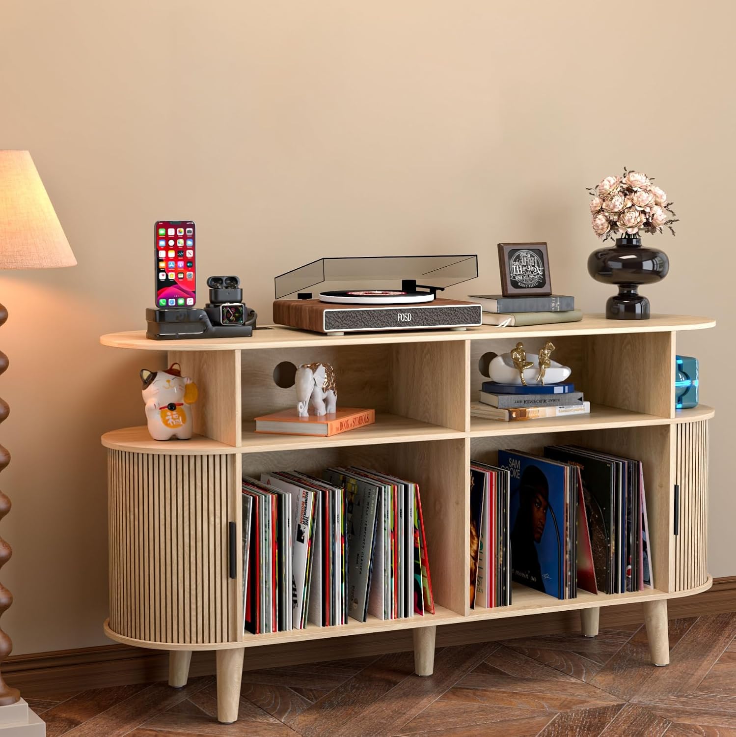 LUVIOHOME Large Round Record Player Stand with Charging Station & USB Ports，Record Storage Cabinet, Mid Century Modern Turntable Stand for Bedroom Living Room (Oak)