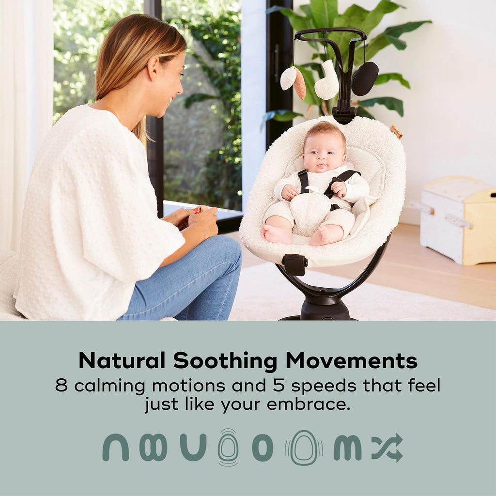 Babymoov Swoon Evolution Smart Baby Swing, Bluetooth-Connected, 8 Motions, 360° Reclining Seat, Music Streaming, Voice Recording, Mobile App Control, Infant Insert Included, Curly White